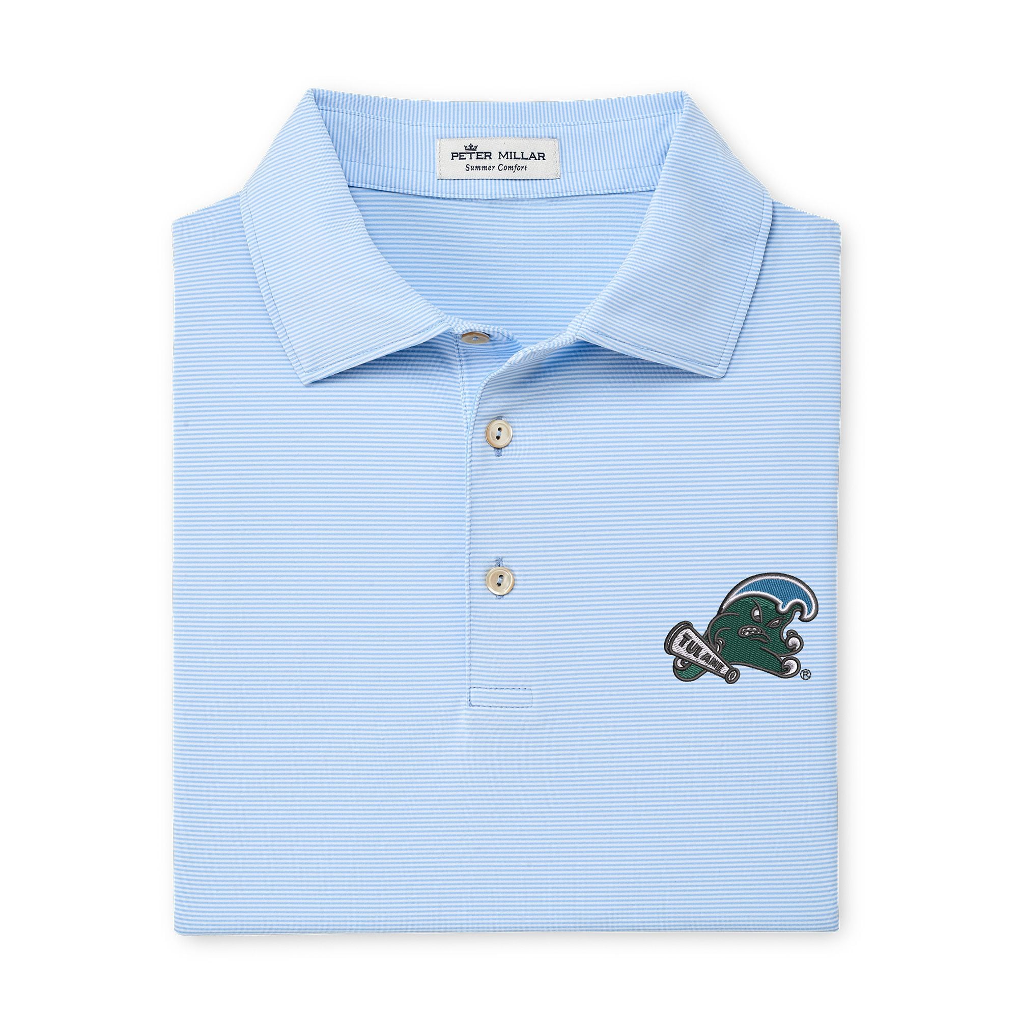 Mens Peter Millar BLUE Tulane Green Wave Jubilee Stripe Stretch Jersey Polo