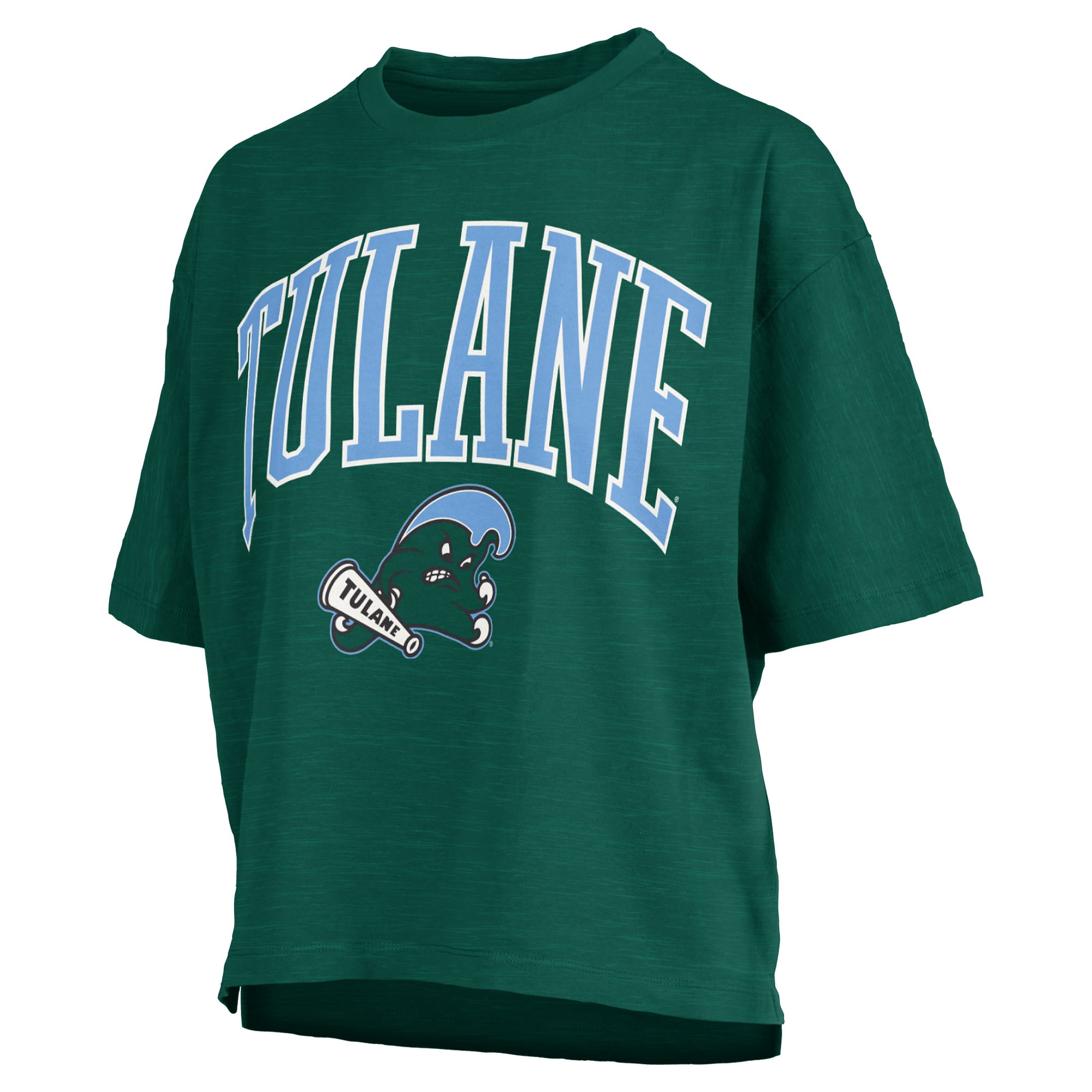 Women's Pressbox Green Tulane Wave Oversized Nelson Arch Over Logo Slub T-Shirt