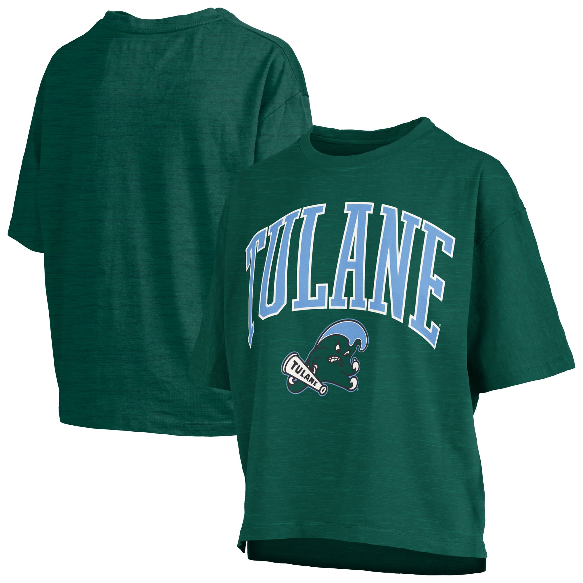 Women's Pressbox Green Tulane Wave Oversized Nelson Arch Over Logo Slub T-Shirt