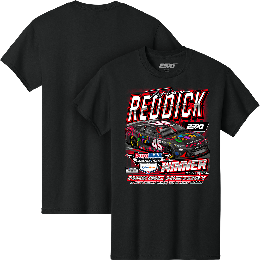 T-shirt noir Tyler Reddick 23XI Racing 2026 DuraMax Texas Grand Prix Powered by RelaDyne, vainqueur de la course -
