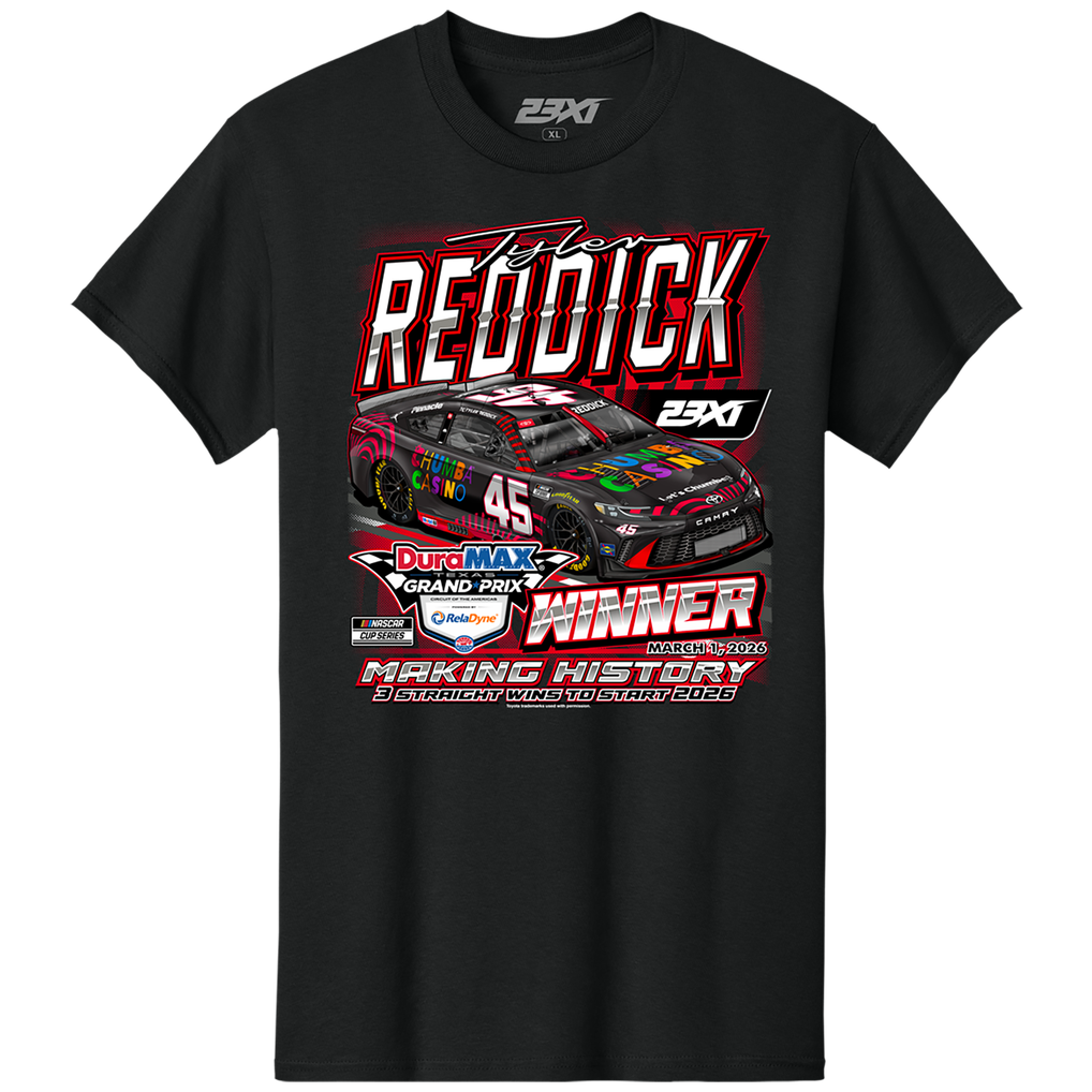 T-shirt noir Tyler Reddick 23XI Racing 2026 DuraMax Texas Grand Prix Powered by RelaDyne, vainqueur de la course -