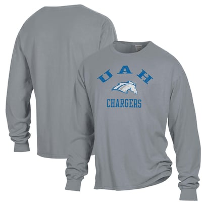 UAH Chargers ComfortWash Arch Logo Garment Dyed Long Sleeve T-Shirt - Gray