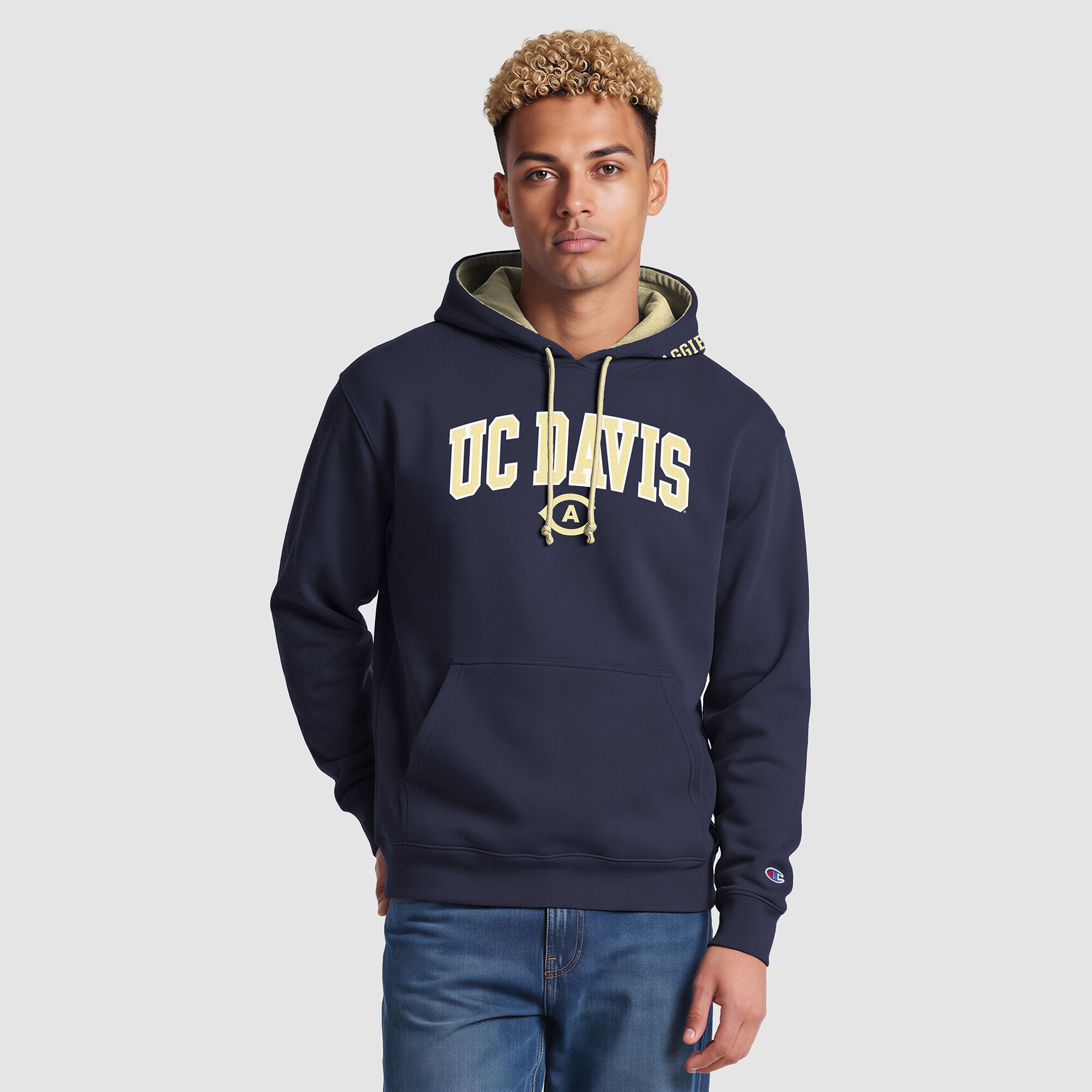 Sweat à capuche contrasté Champion bleu marine/or UC Davis Aggies pour homme
