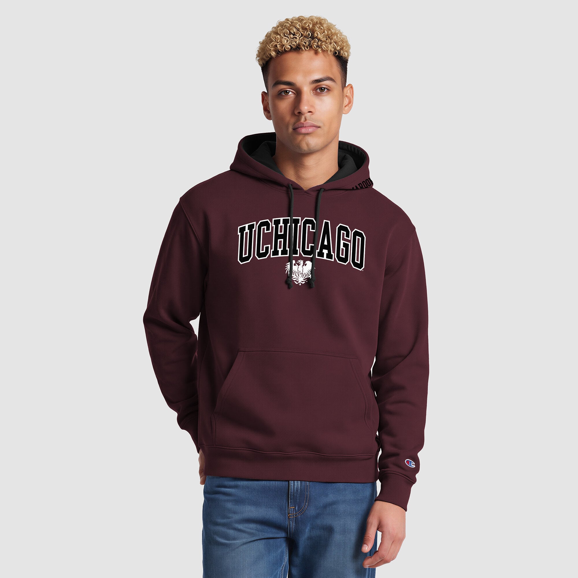 Sweat à capuche contrasté Champion bordeaux/noir pour homme, aux couleurs des UChicago Maroons