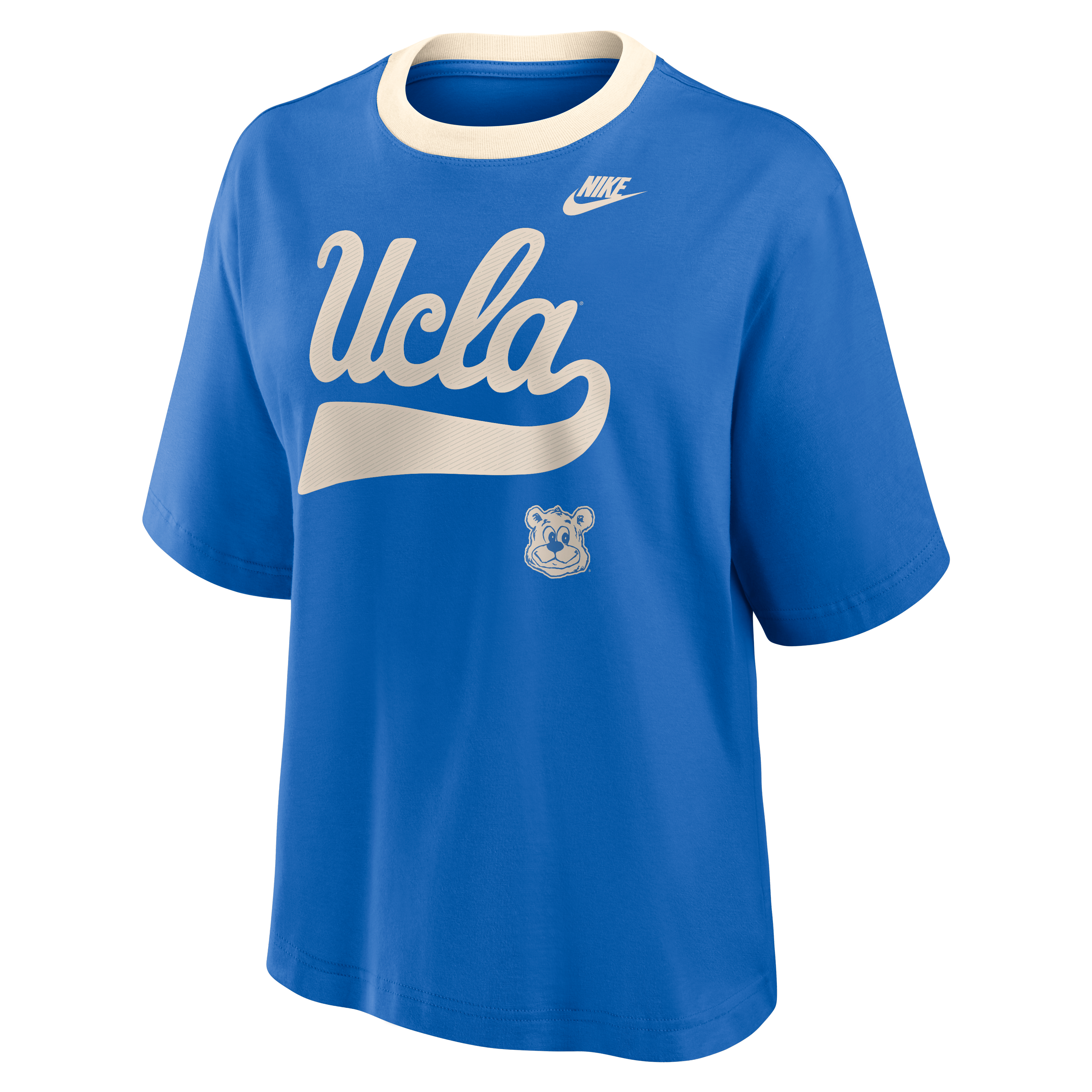T-shirt Nike bleu pour femme, motif chanson de combat des Bruins UCLA, coupe carrée
