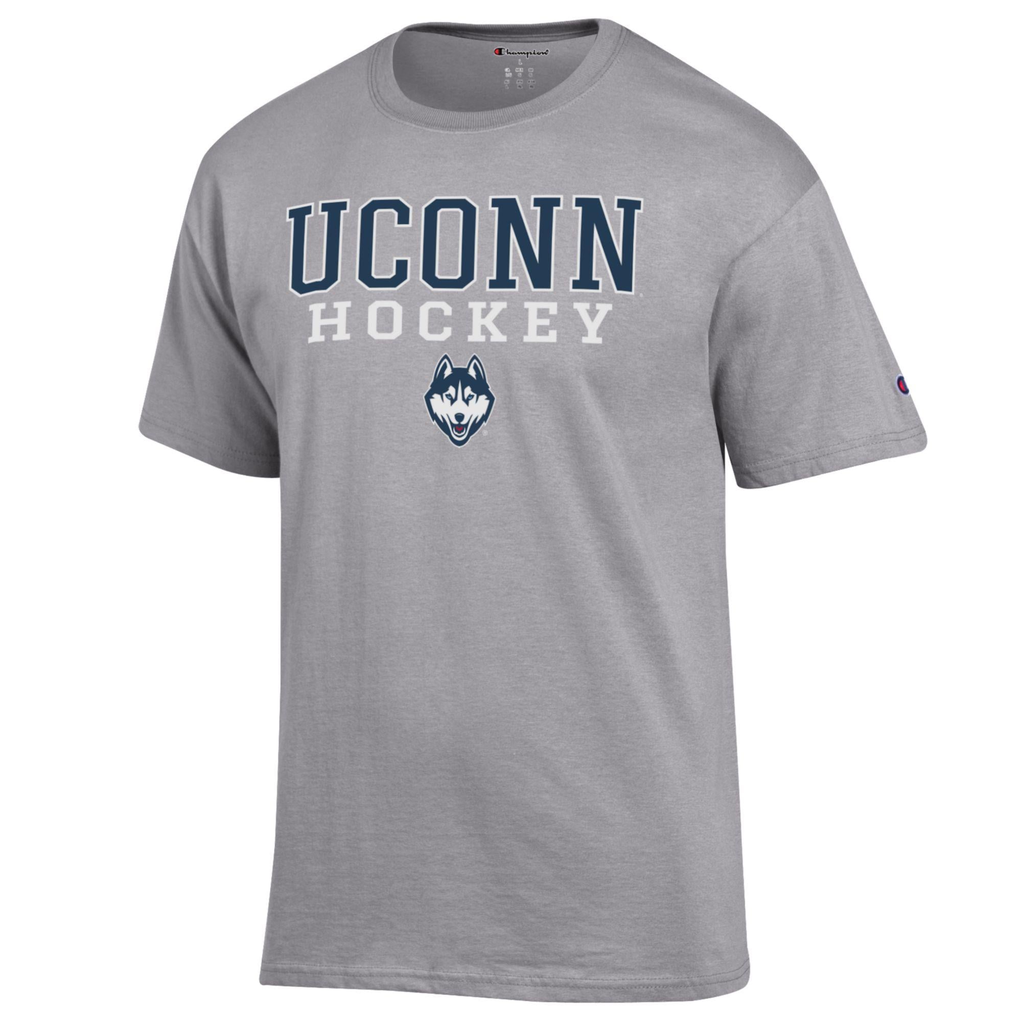 T-shirt Champion pour homme, gris chiné, logo UConn Huskies Stack, en Powerblend, style hockey.