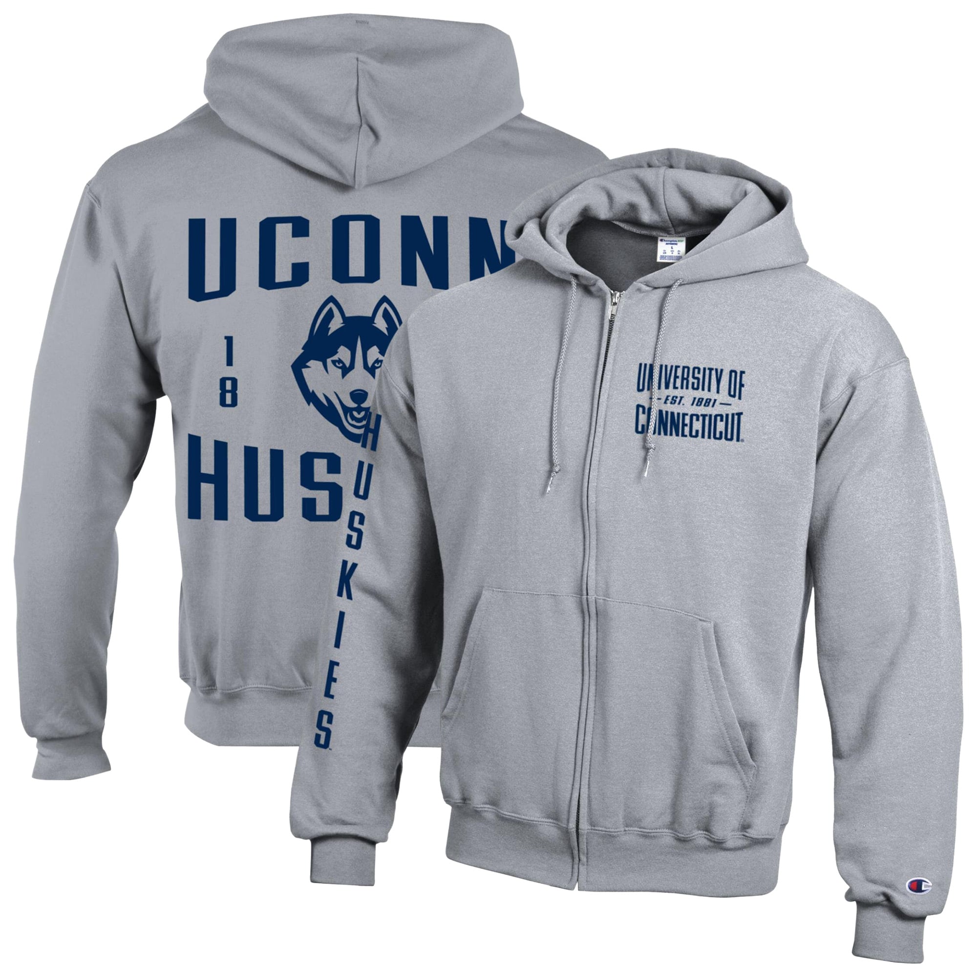 Men's Champion Heather Gray UConn Huskies Varsity Powerblend Full-Zip Fleece Hoodie