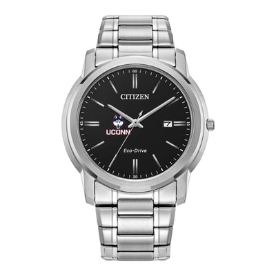 UConn Huskies Citizen Watch Eco-Drive Black Dial Stainless Steel Watch - Silver