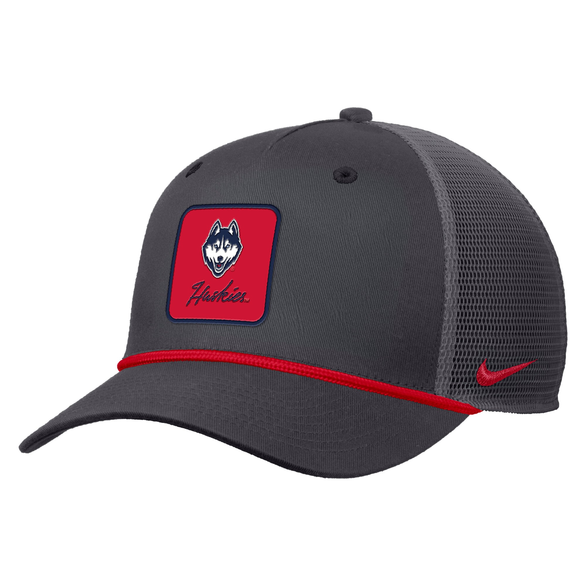 Casquette trucker Nike UConn Huskies Primetime Logo Script Rise Rope pour homme, couleur anthracite.