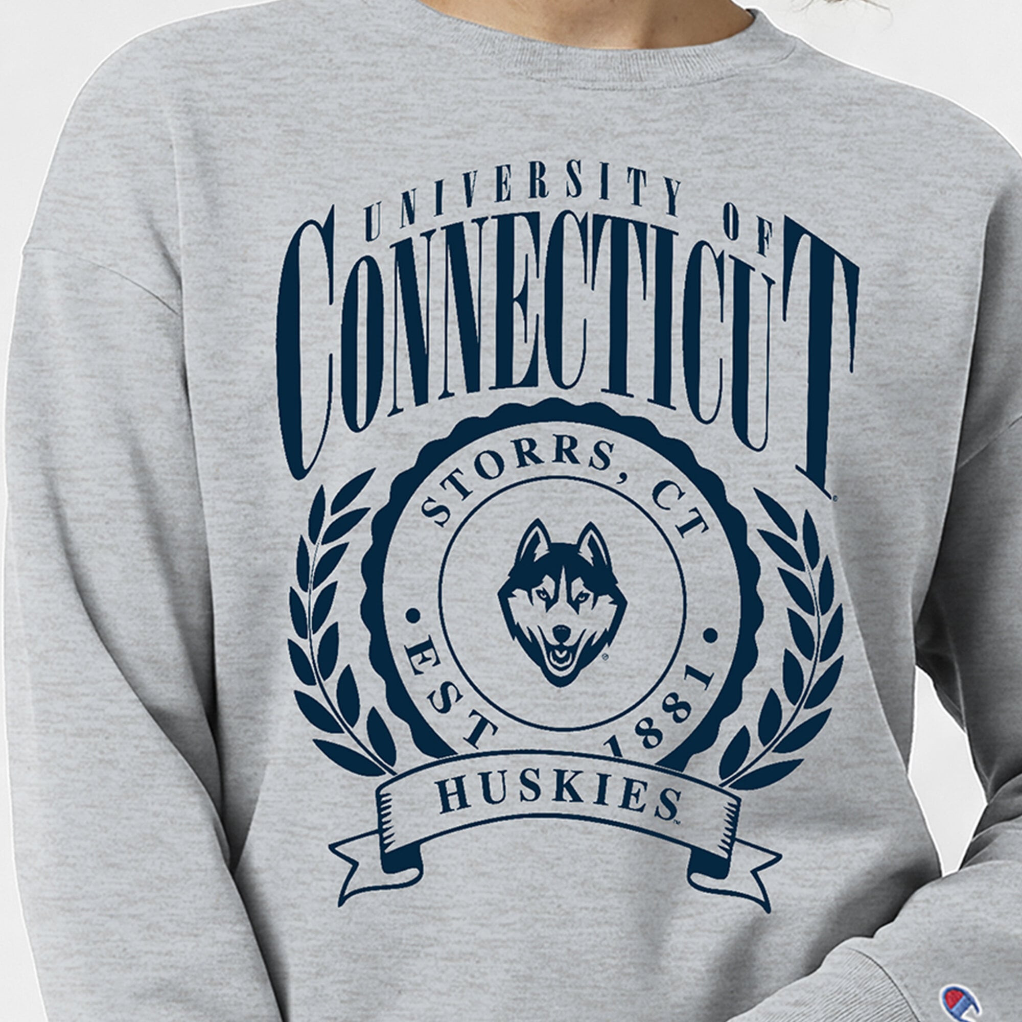 Women's Champion Heather Gray UConn Huskies Academic Crest Powerblend Crewneck Sweatshirt