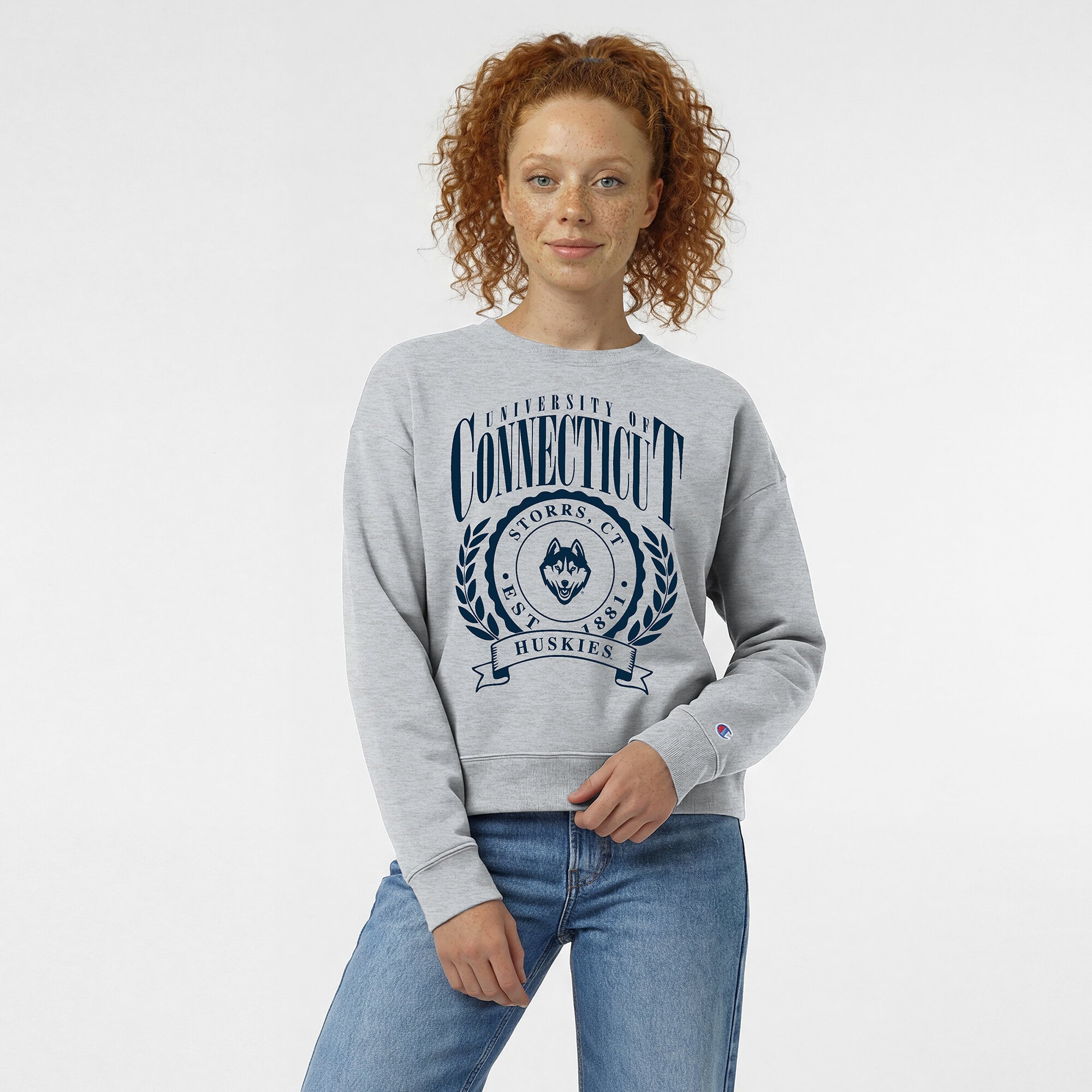 Women's Champion  Heather Gray UConn Huskies Academic Crest Powerblend Crewneck Sweatshirt