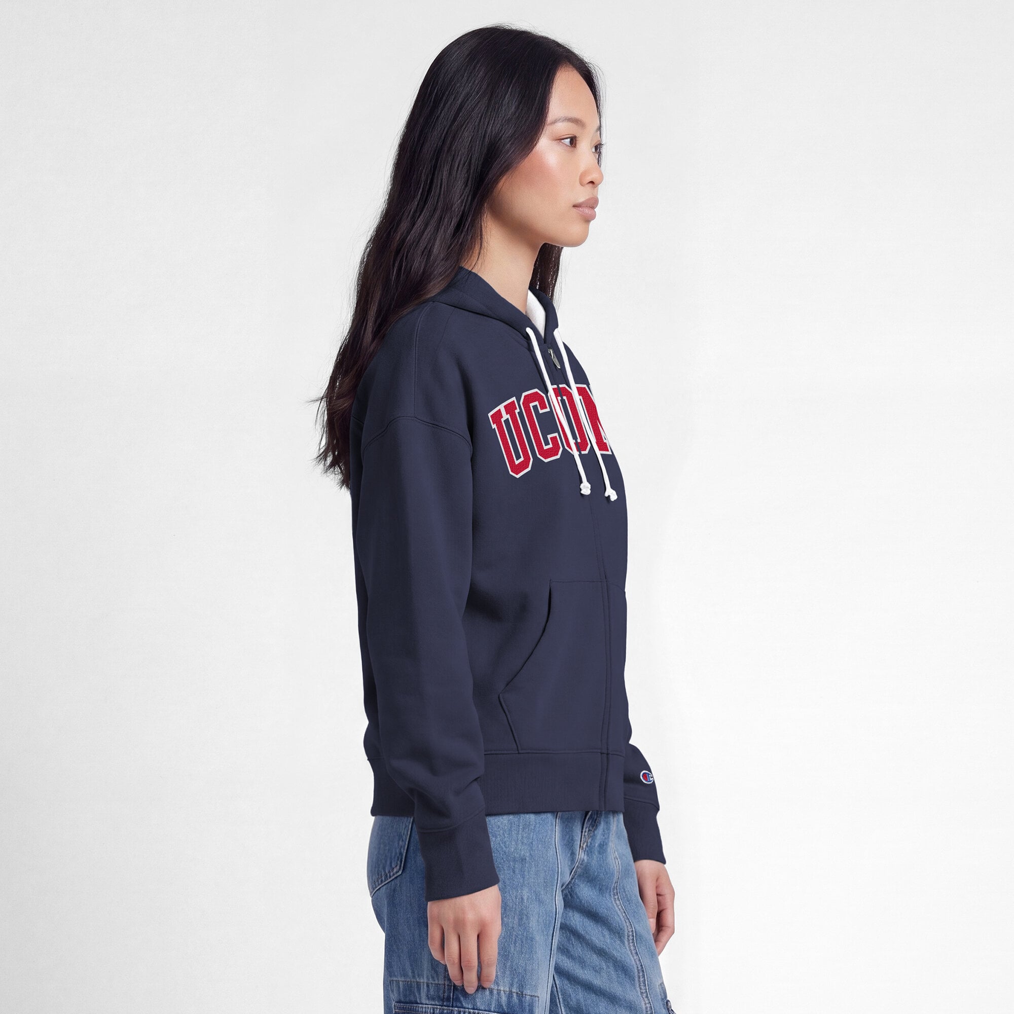 Sweat à capuche zippé en polaire Champion bleu marine pour femme, UConn Huskies Arch.