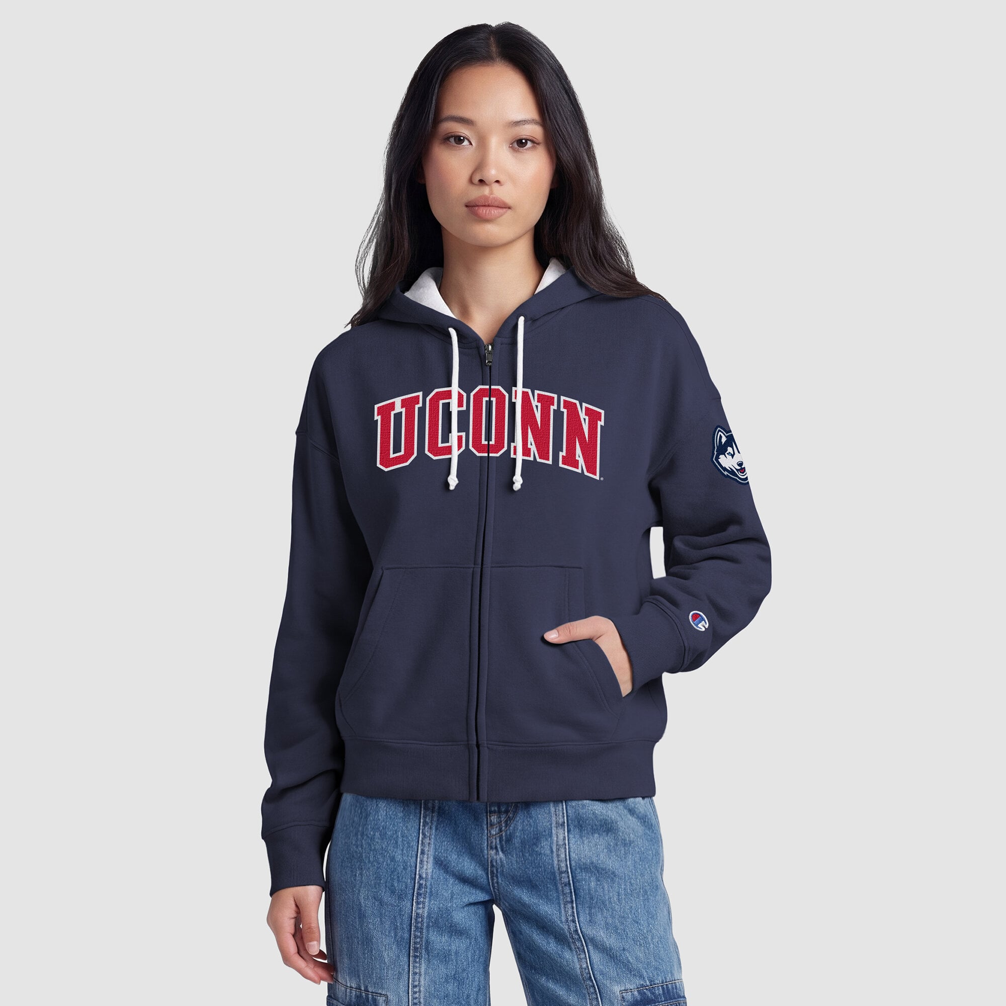 Sweat à capuche zippé en polaire Champion bleu marine pour femme, UConn Huskies Arch.