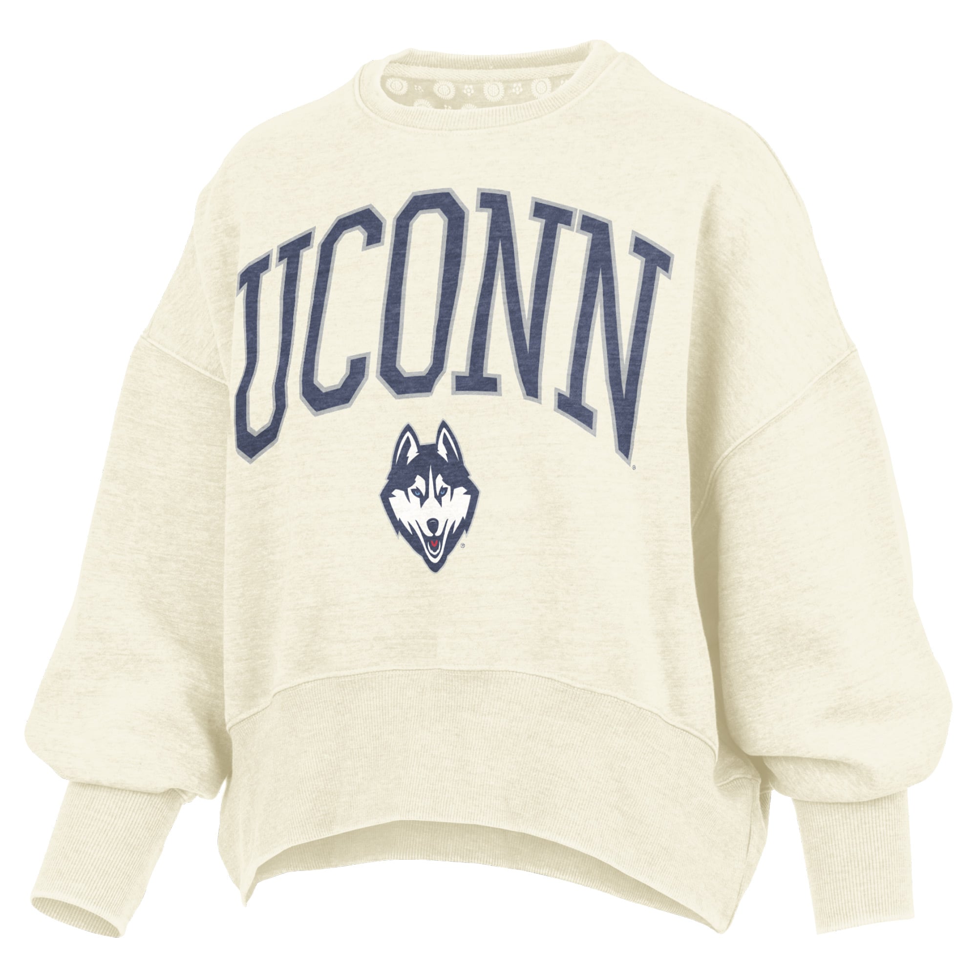 Women's Pressbox Natural UConn Huskies Oversized Waist-Length Crewneck Sweatshirt