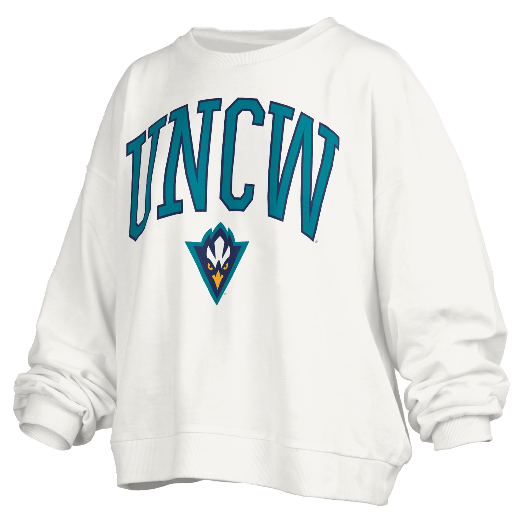 Women's Pressbox White UNC Wilmington Seahawks Oversized Janise Arch Over Logo Fleece Sweatshirt