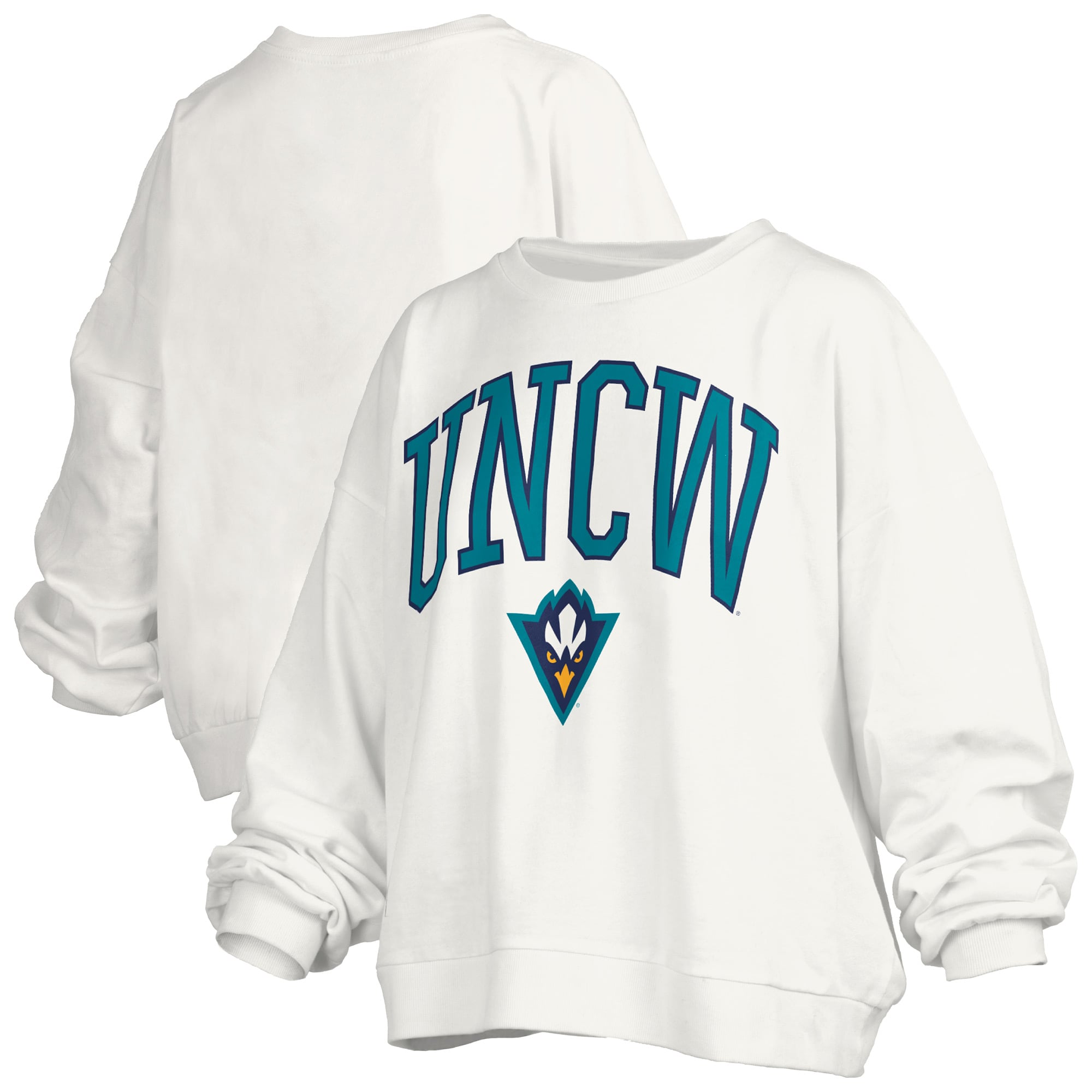 Women's Pressbox White UNC Wilmington Seahawks Oversized Janise Arch Over Logo Fleece Sweatshirt