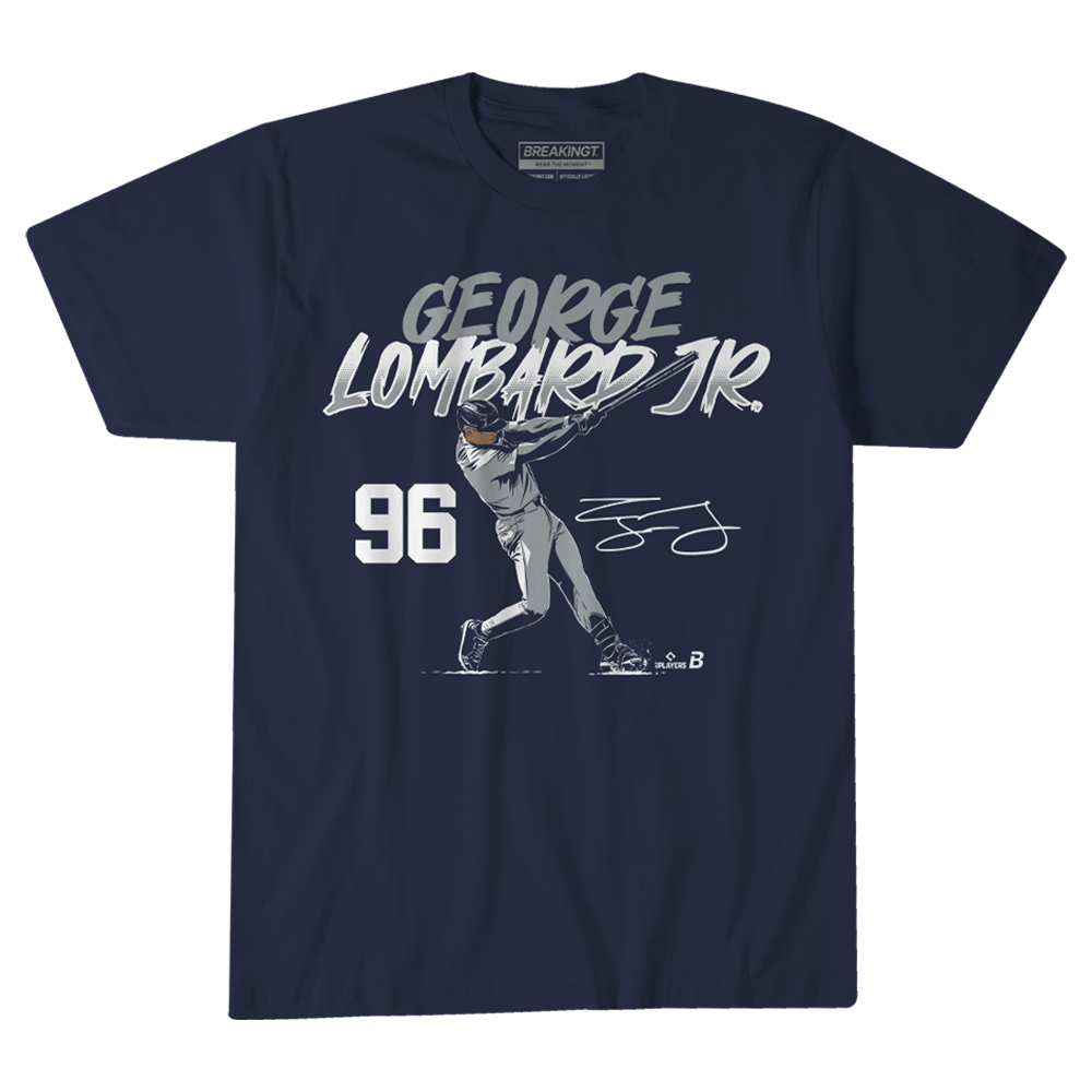 T-shirt unisexe BreakingT George Lombard Jr. bleu marine, numéro de frappeur des Yankees New York