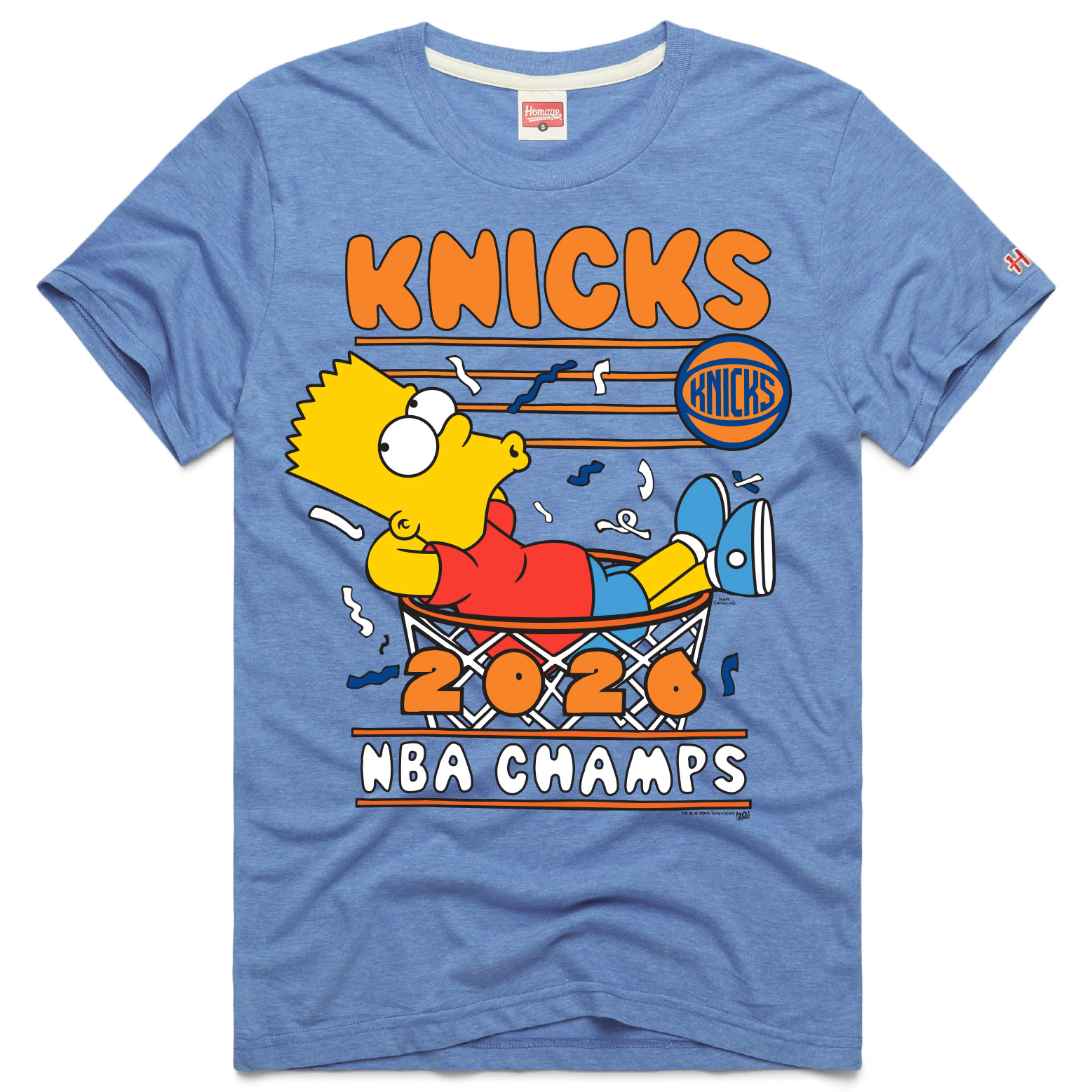 T-shirt unisexe bleu clair Hommage New York Knicks x Les Simpsons Champions NBA 2026