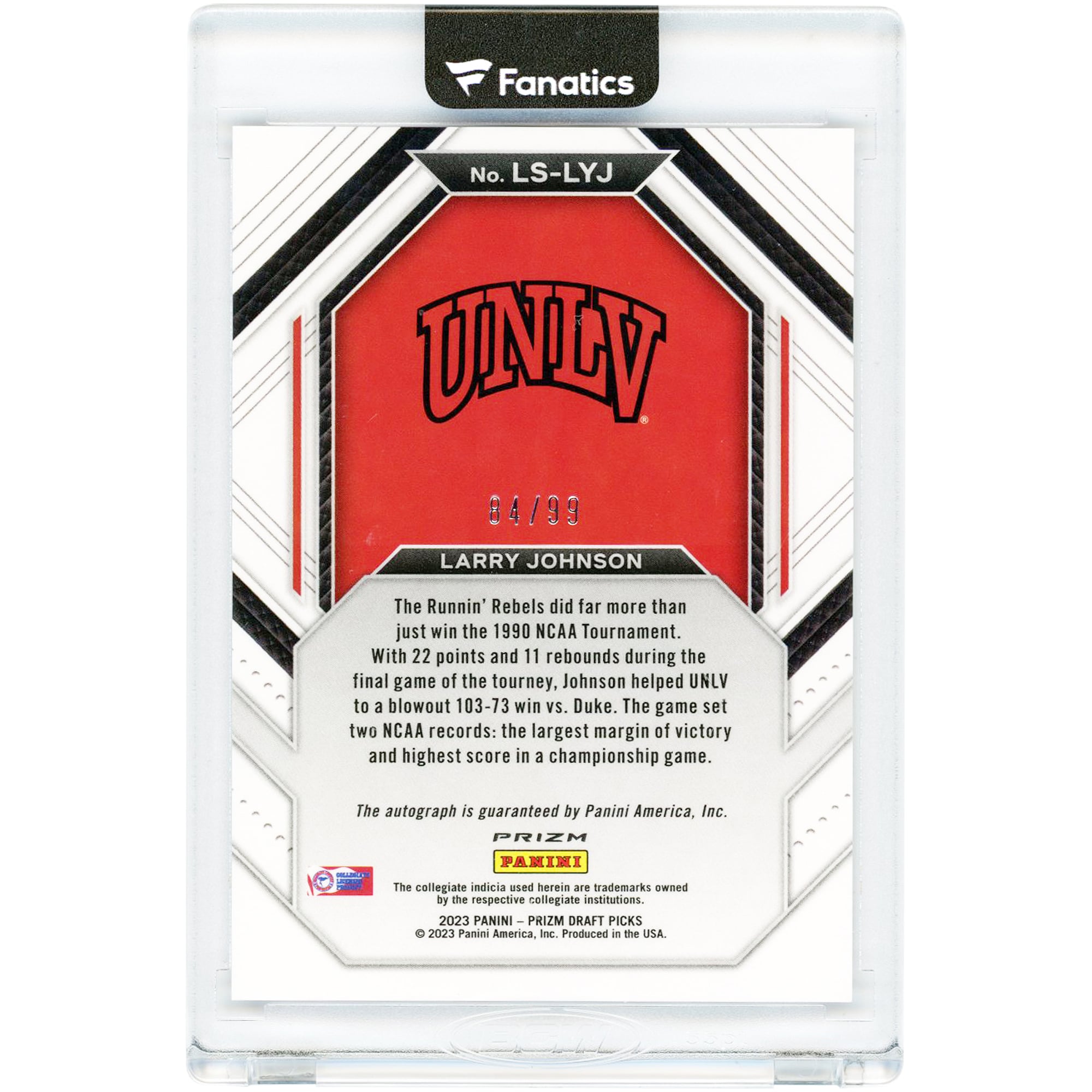 Larry Johnson UNLV Rebels Autographed 2023 Panini Prizm Draft Picks Legacy Signatures Purple Cracked Ice Prizm #LS-LYJ #84/99 Card
