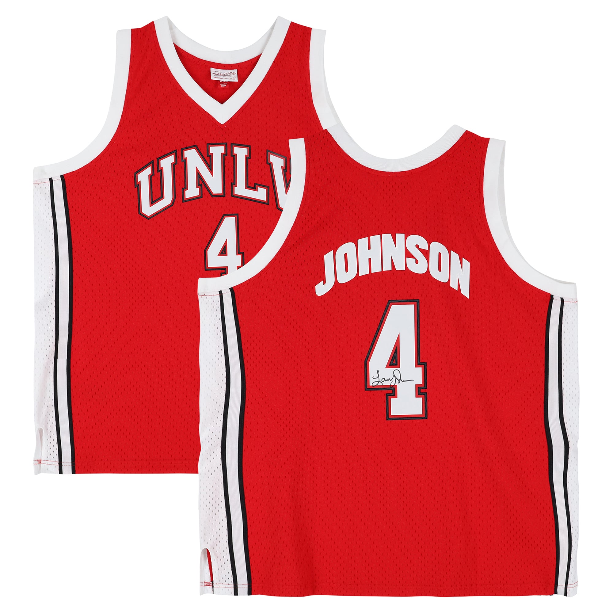 Maillot Swingman rouge Mitchell & Ness 1989 autographié par Larry Johnson (UNLV Rebels)