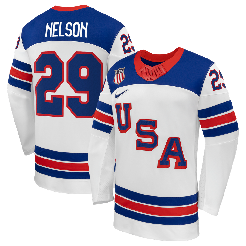 Code 1 Performance Nj Men's Nike Brock Nelson White US Hockey 2026 Away Replica Jersey