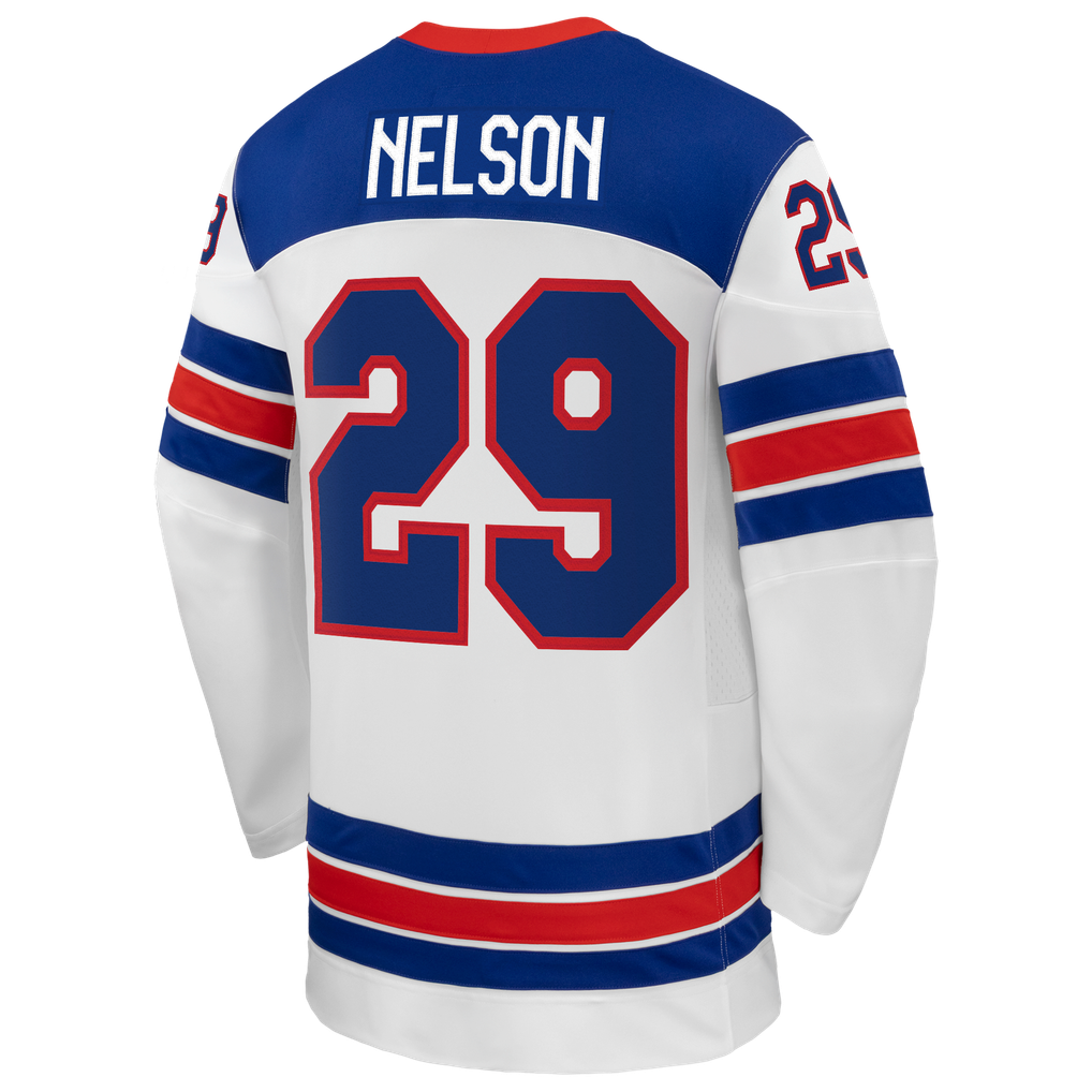 Men's Nike Brock Nelson White US Hockey 2026 Away Replica Jersey