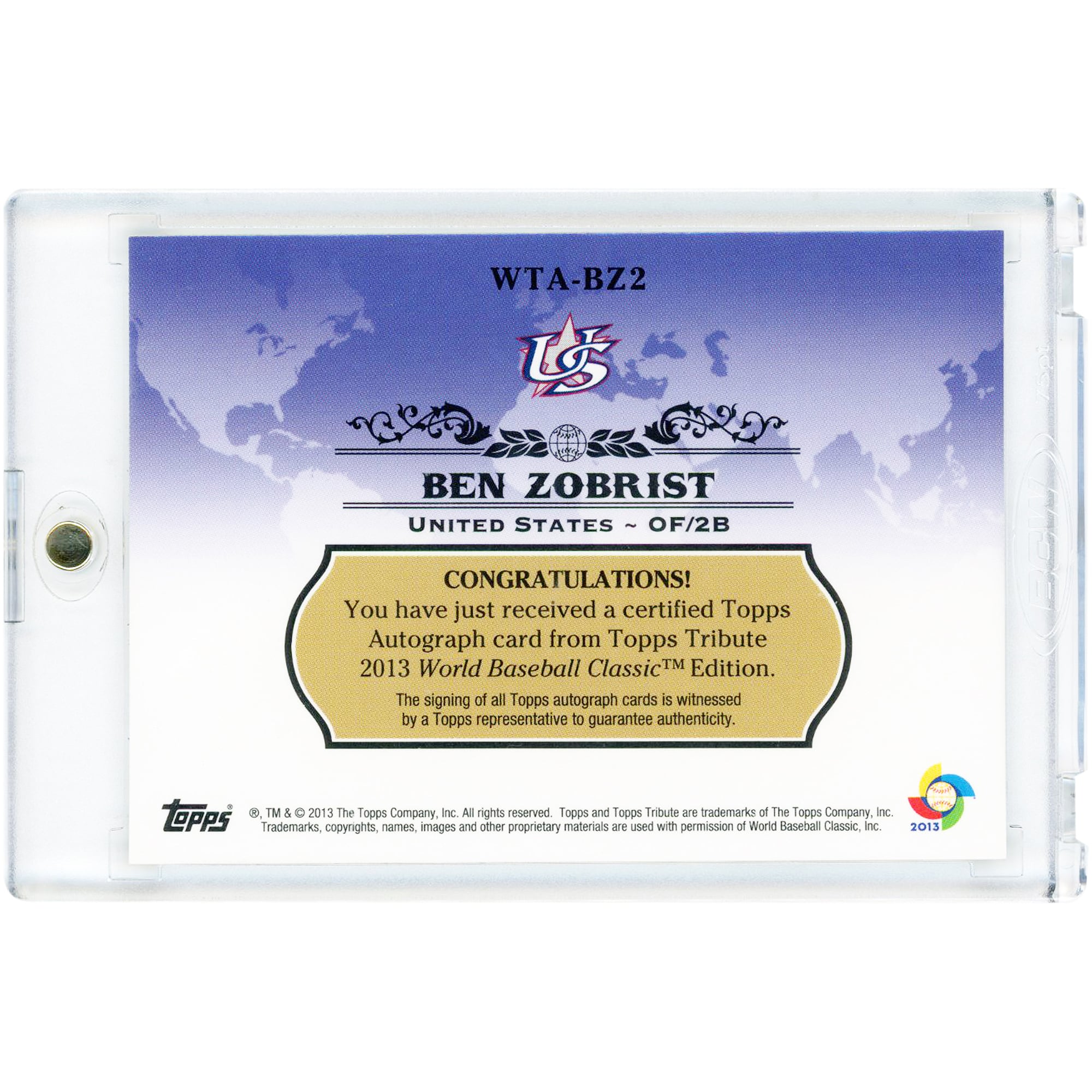 Ben Zobrist USA Baseball Autographed 2013 Topps Tribute World Baseball Classic #WTA-BZ2 Card