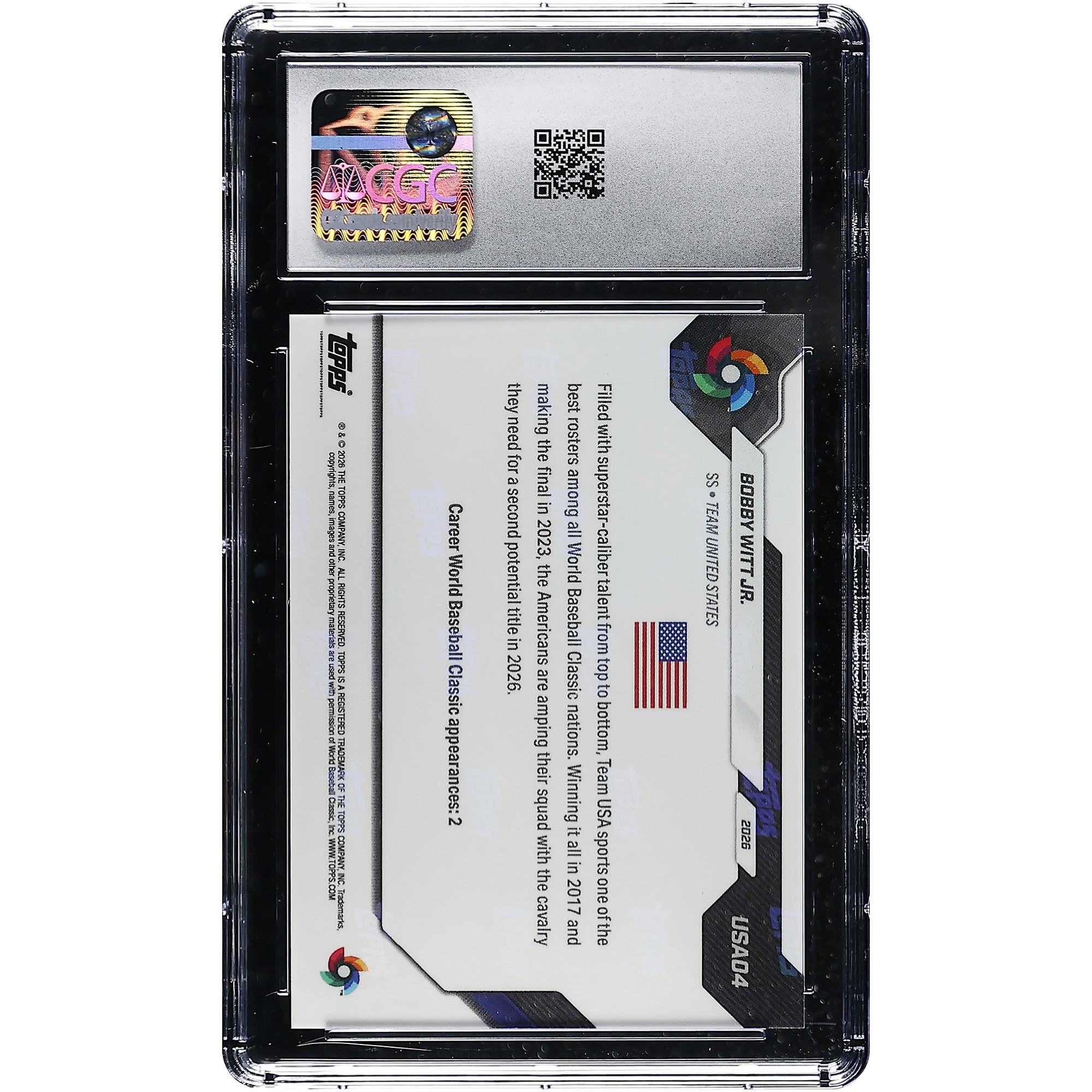 Bobby Witt Jr. USA Baseball 2026 Topps Now World Baseball Classic Team USA WBC Logo #USA04 CGC Authenticated GEM MINT 10 Card