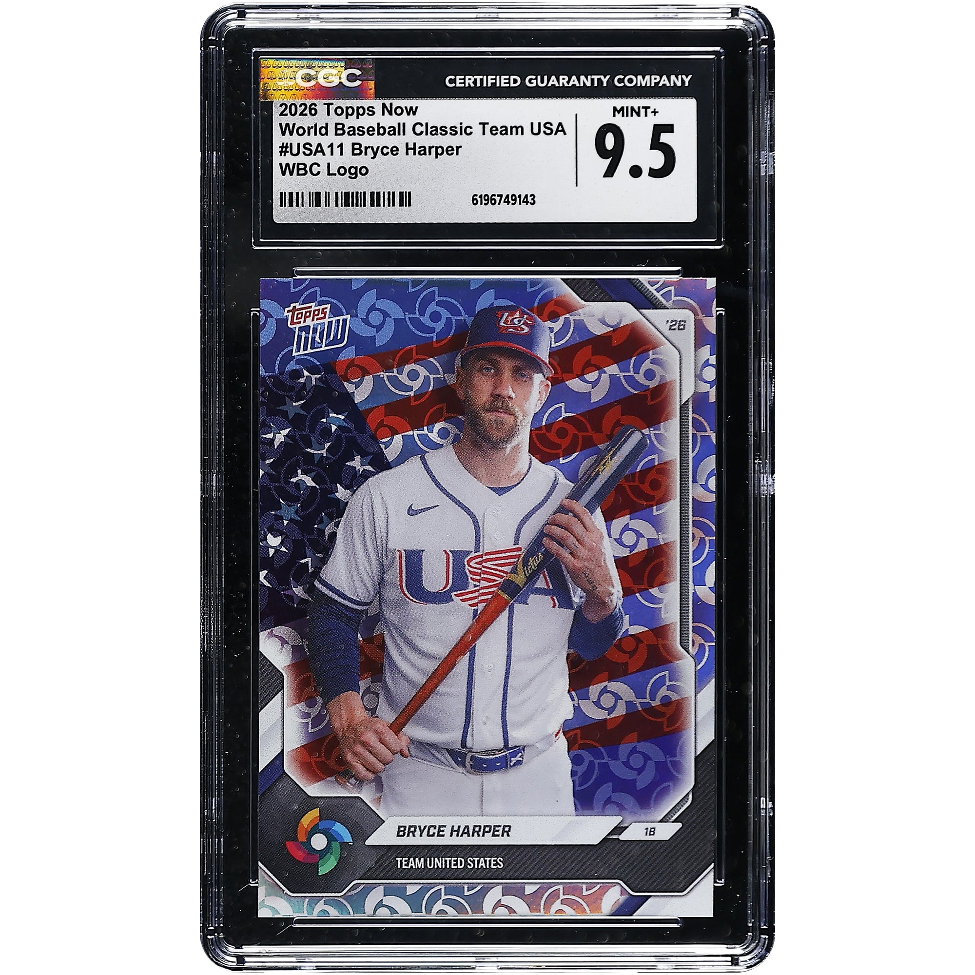 Bryce Harper USA Baseball 2026 Topps Now World Baseball Classic Team USA WBC Logo #USA11 CGC Authenticated MINT+ 9.5 Card