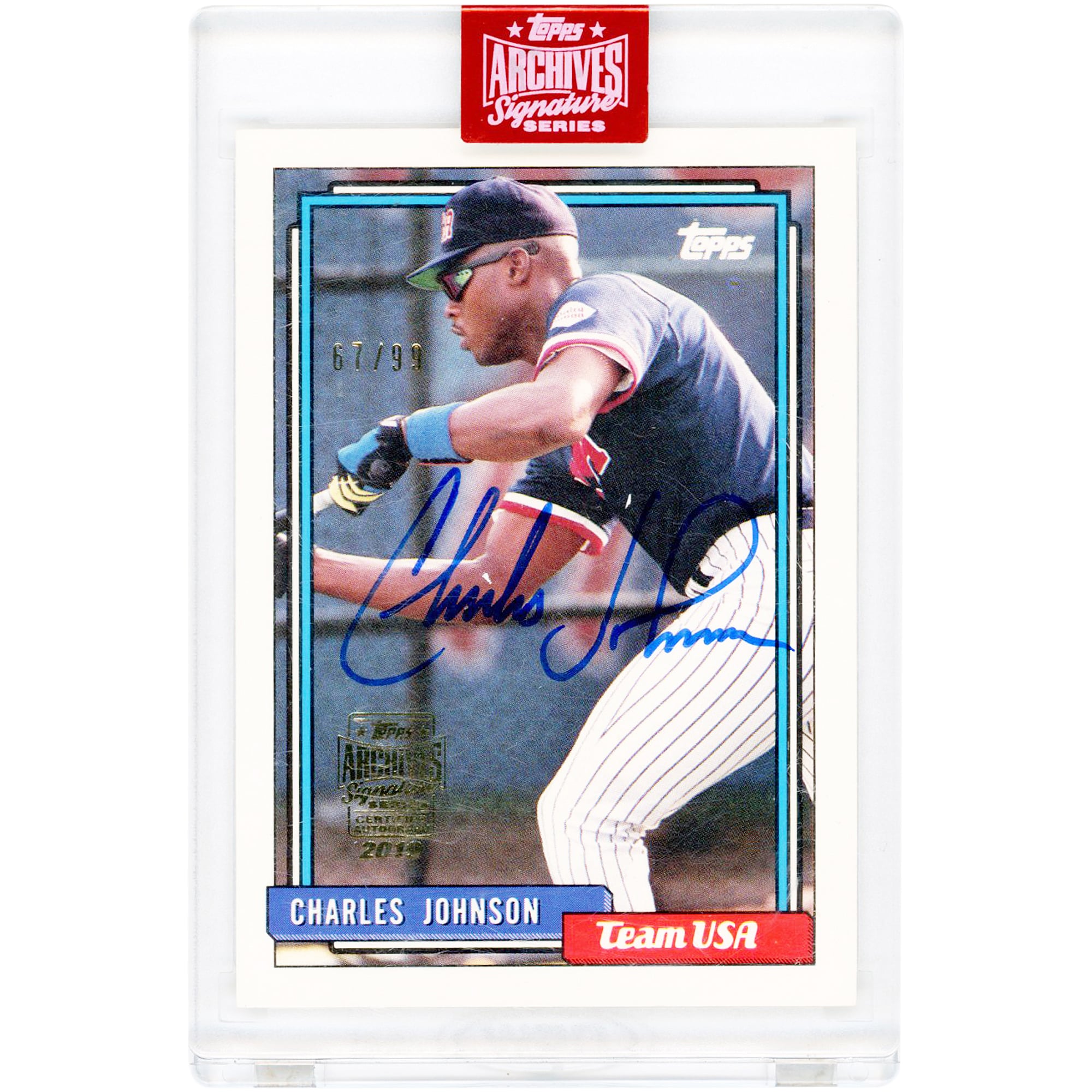 Carte de baseball américaine autographiée de Charles Johnson, série Signature 2019 Topps Archives, design Topps Traded 1992, n° 56T, n° 67/99