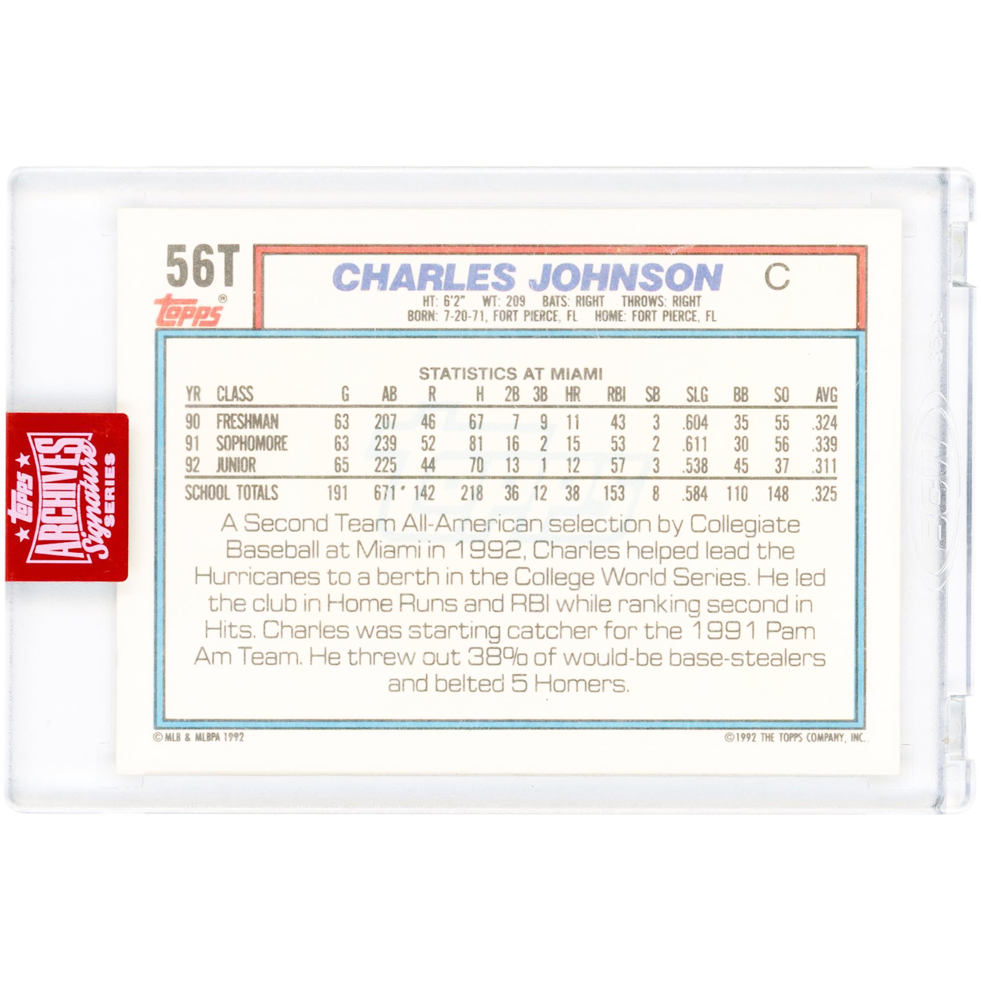 Carte de baseball américaine autographiée de Charles Johnson, série Signature 2019 Topps Archives, design Topps Traded 1992, n° 56T, n° 67/99