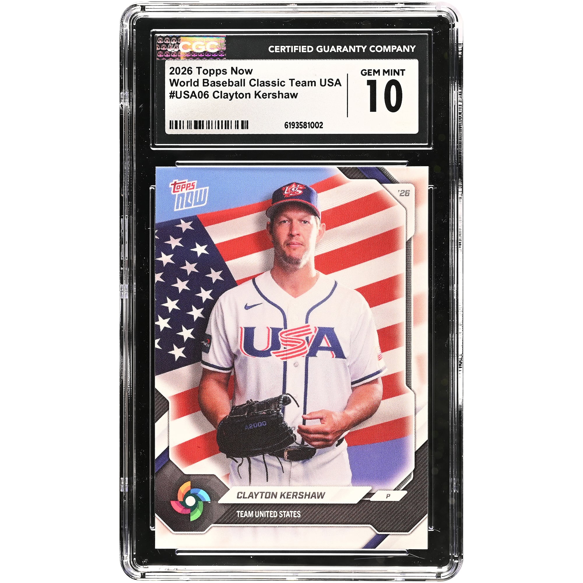 Carte de baseball américaine Clayton Kershaw 2026 Topps Now #USA06 authentifiée CGC (10 cartes)