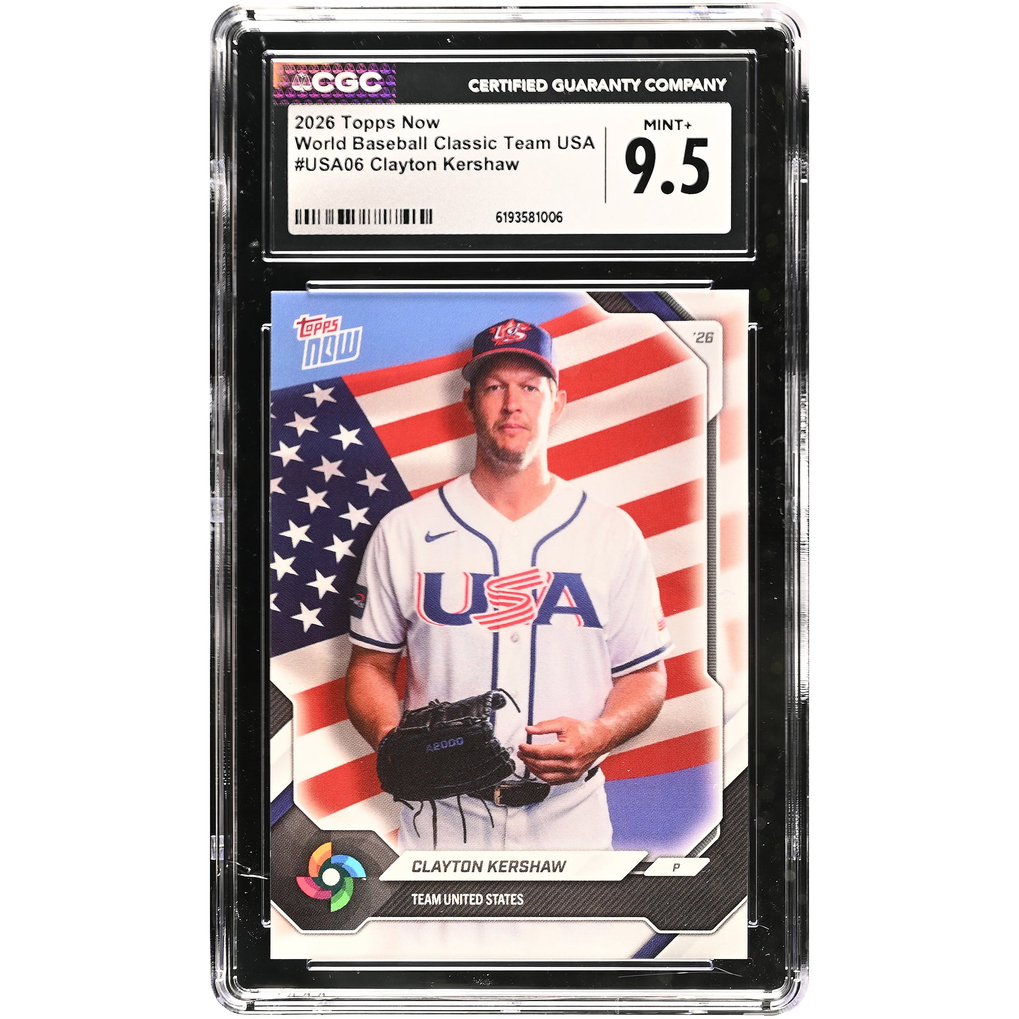 Carte de baseball américaine Clayton Kershaw 2026 Topps Now #USA06 authentifiée CGC 9.5