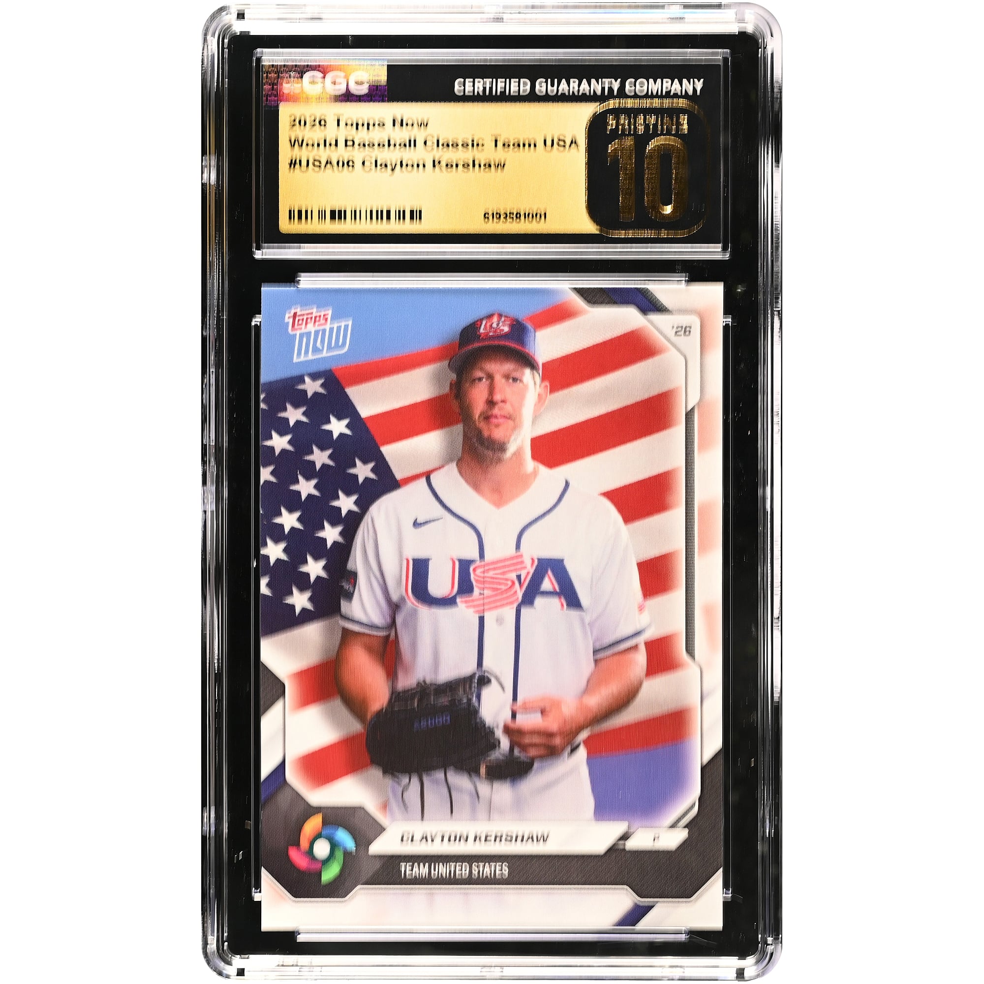 Carte de baseball américaine Clayton Kershaw 2026 Topps Now #USA06 authentifiée CGC, état impeccable (10/10).