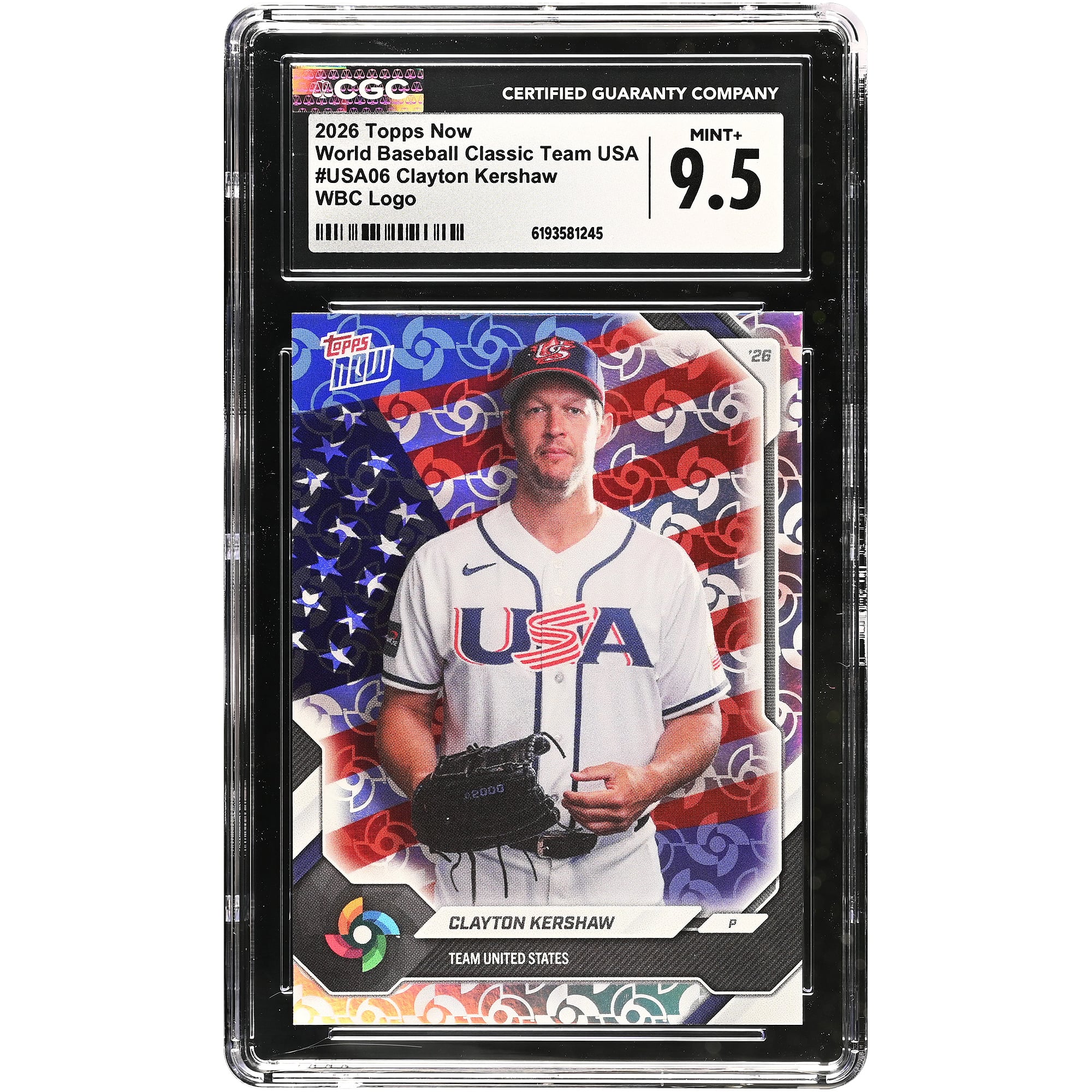 Carte de baseball américaine Clayton Kershaw 2026 Topps Now WBC Logo #USA06 authentifiée CGC 9.5