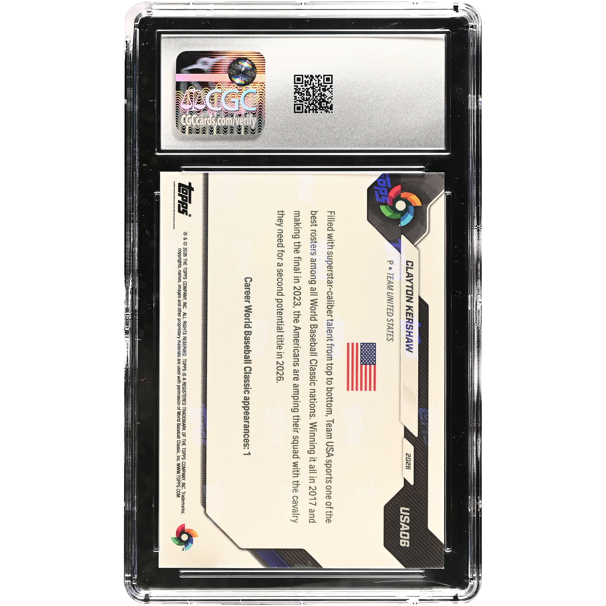 Carte de baseball américaine Clayton Kershaw 2026 Topps Now WBC Logo #USA06 authentifiée CGC 9.5