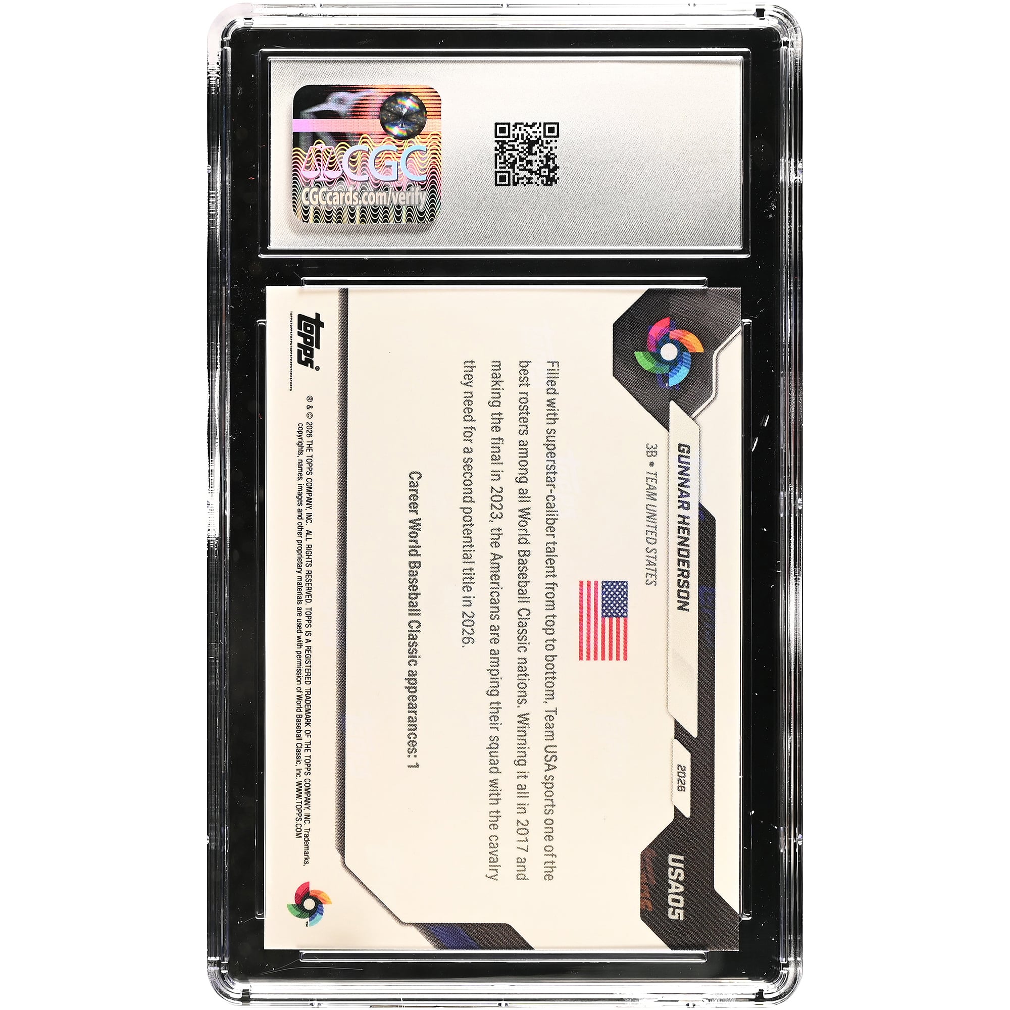 Carte de baseball Gunnar Henderson USA 2026 Topps Now #USA05 authentifiée CGC (10 cartes)