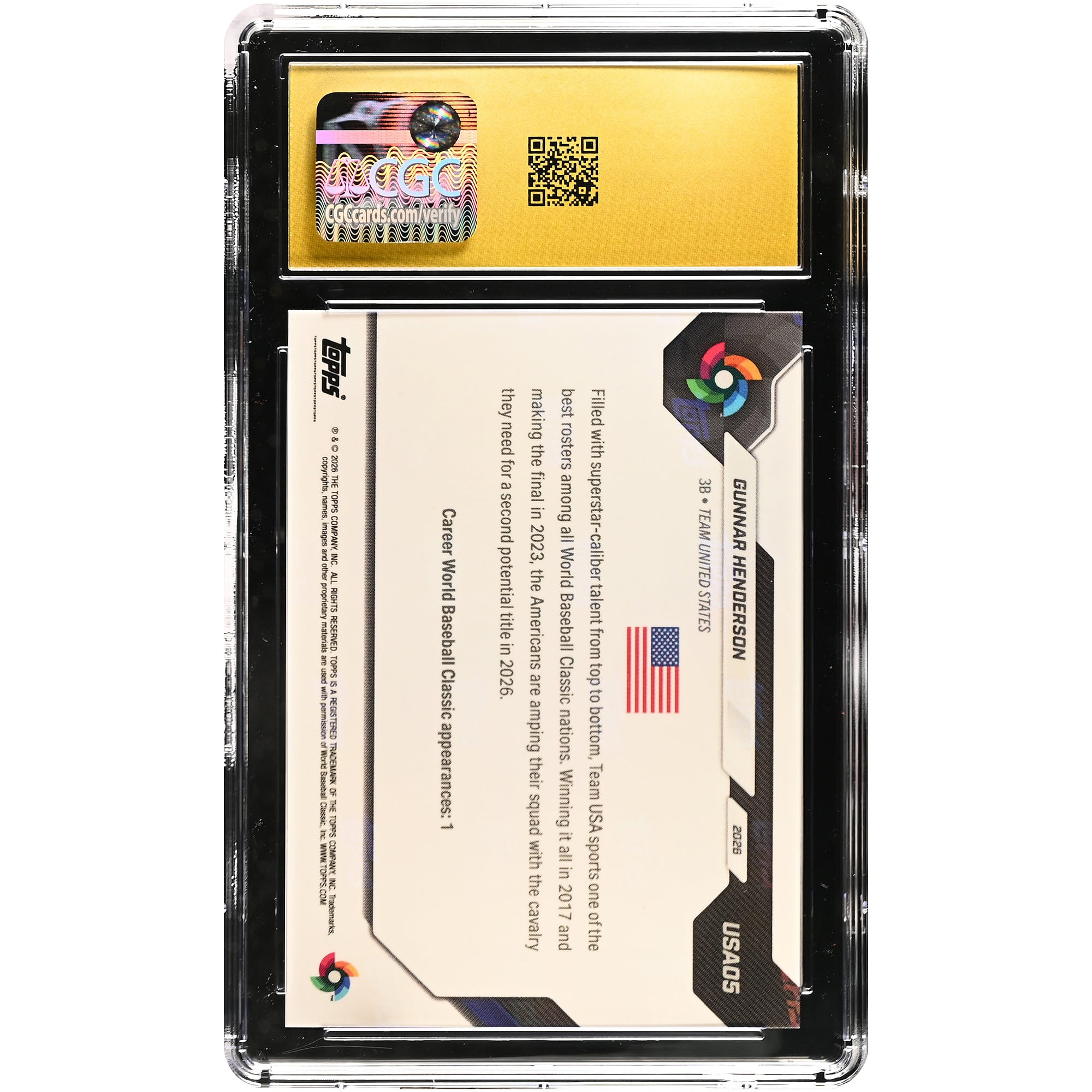 Carte de baseball Gunnar Henderson USA 2026 Topps Now #USA05 authentifiée CGC Pristine 10