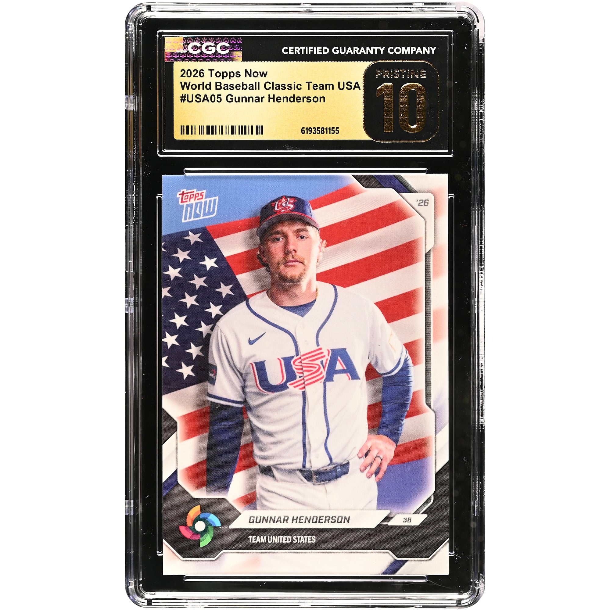 Carte de baseball Gunnar Henderson USA 2026 Topps Now #USA05 authentifiée CGC Pristine 10
