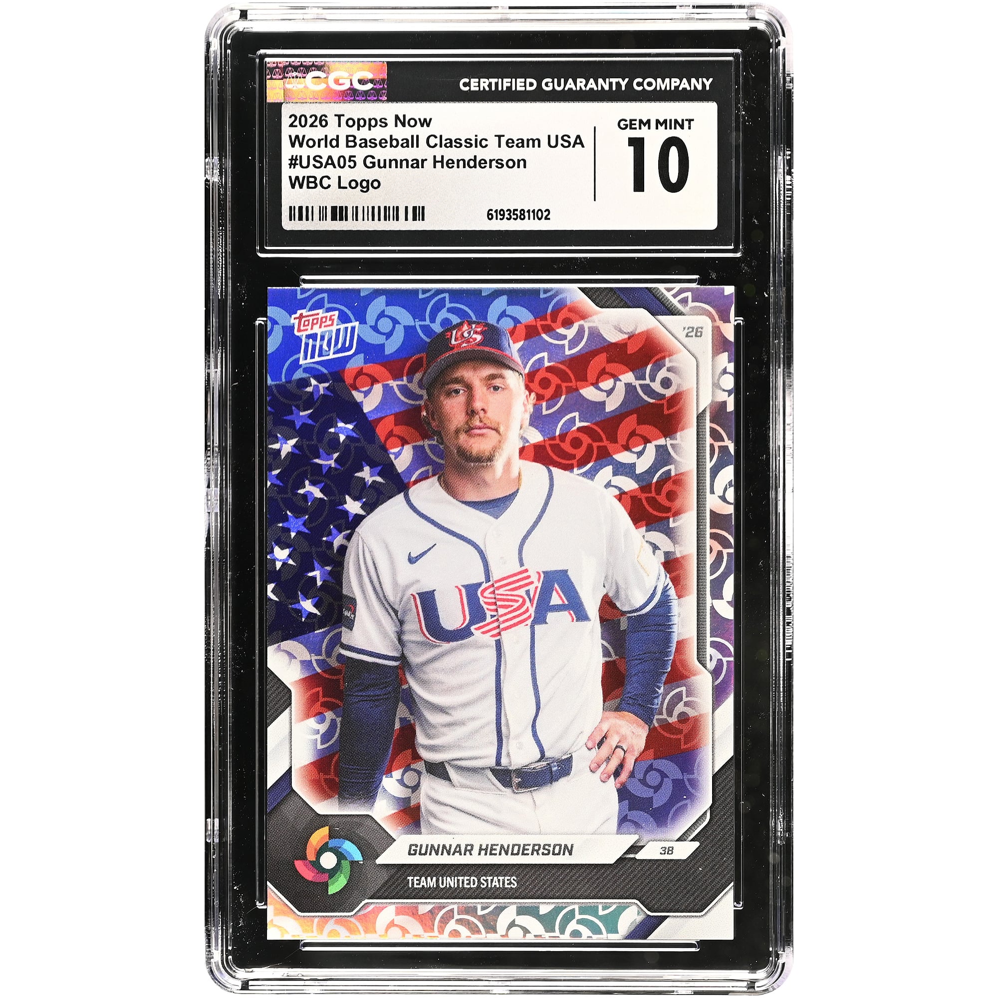 Carte de baseball Gunnar Henderson USA 2026 Topps Now WBC Logo #USA05 authentifiée CGC (n° 10)