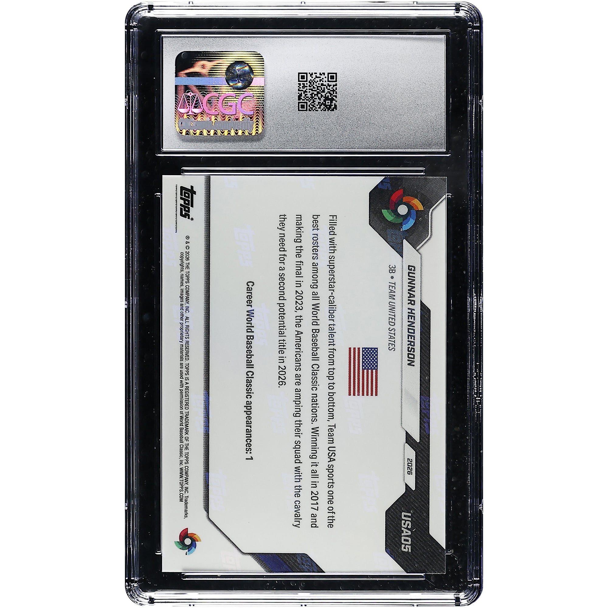 Gunnar Henderson USA Baseball 2026 Topps Now World Baseball Classic Team USA WBC Logo #USA05 CGC Authenticated MINT+ 9.5 Card