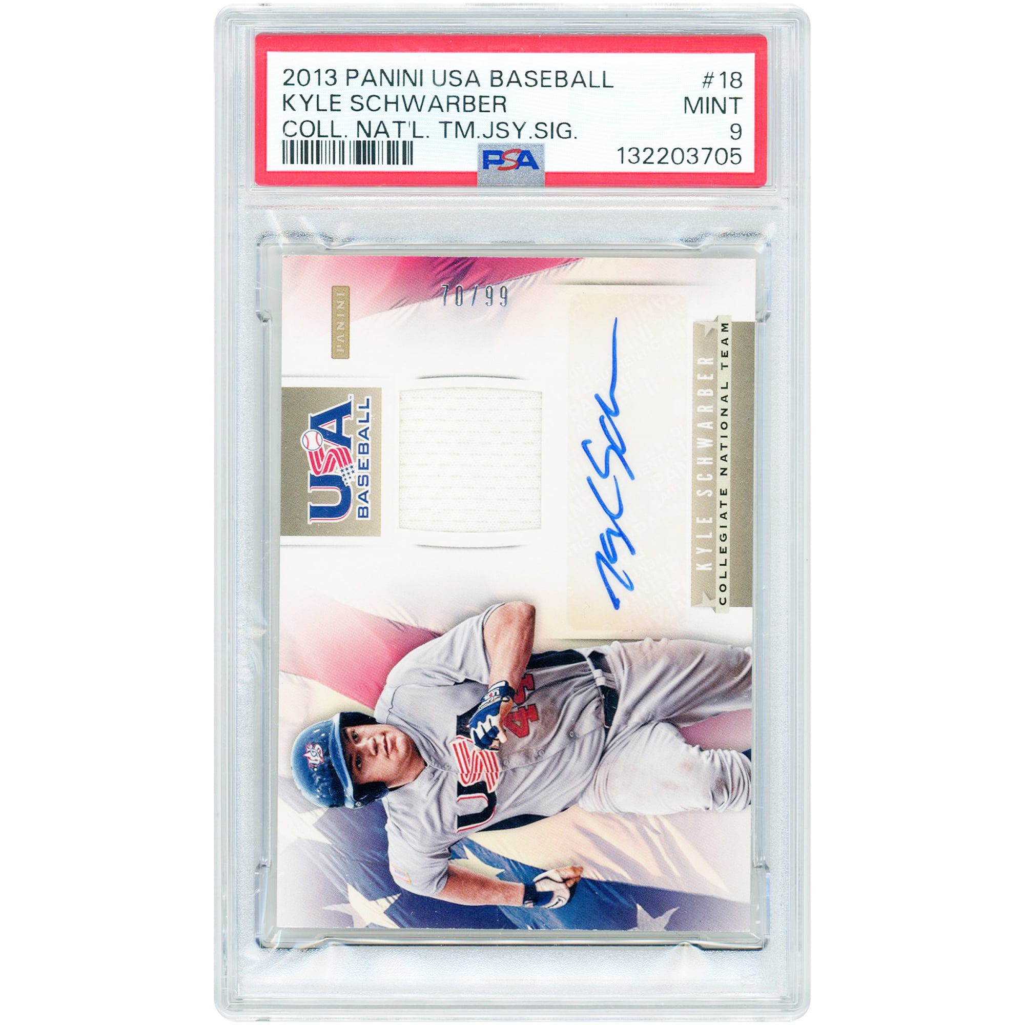 Kyle Schwarber USA Baseball Autographed 2013 Panini USA Baseball Collegiate National Team Game Used Jersey Relic #18 #70/99 PSA Authenticated 9 Card