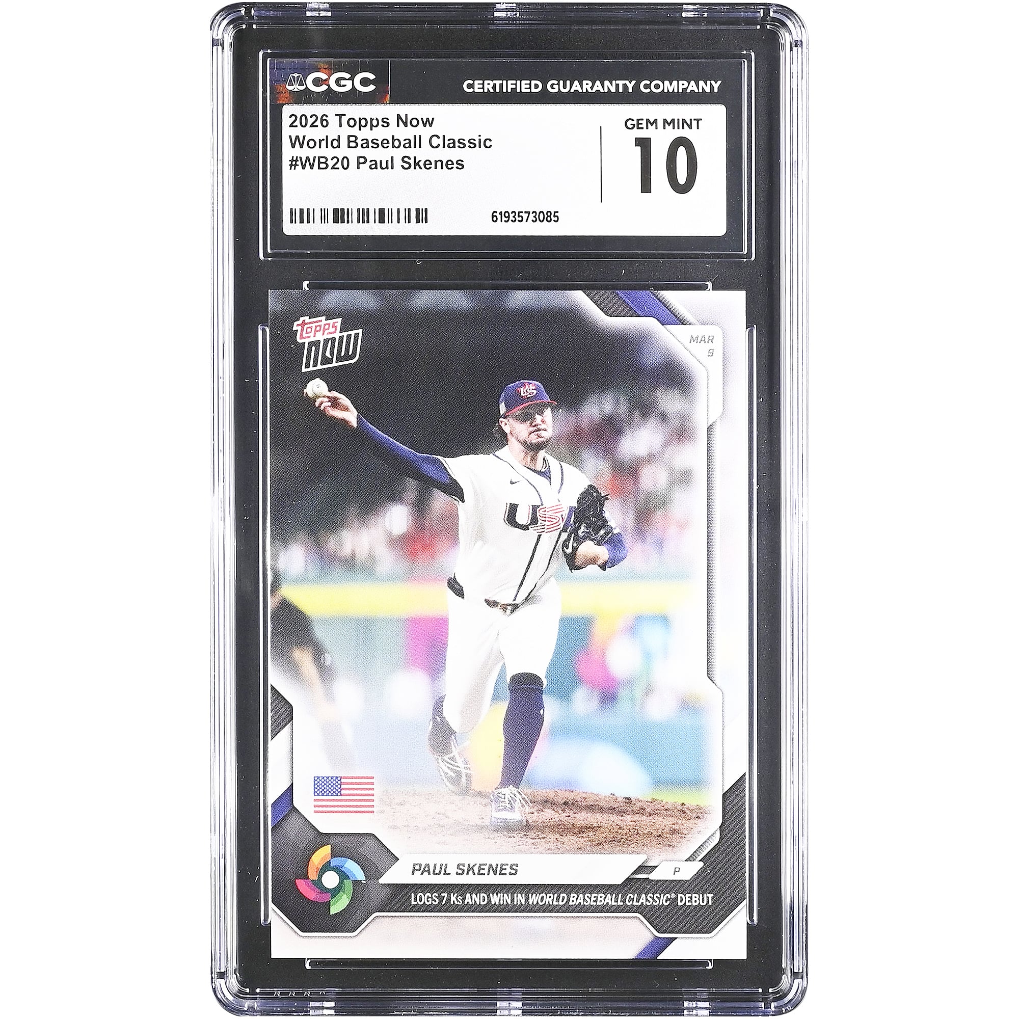 Carte de baseball américaine Paul Skenes 2026 Topps Now : 7 retraits sur prises et victoire pour ses débuts à la Classique mondiale de baseball #WB20 Authentifiée par CGC (n° 10)