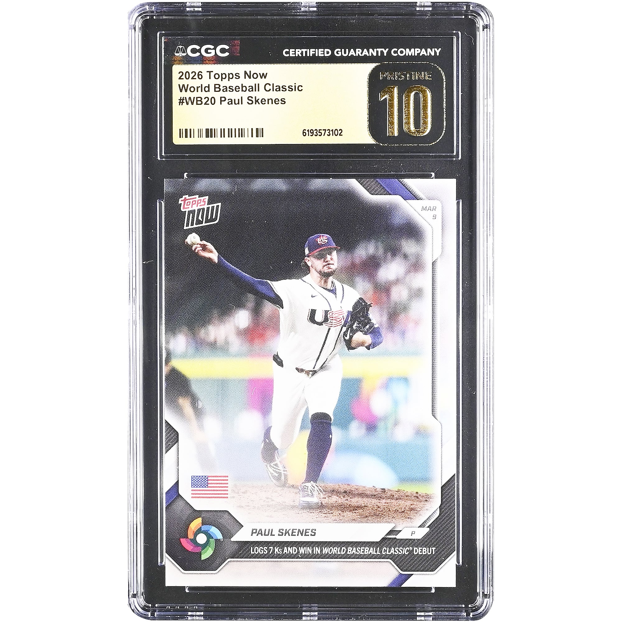 Carte de baseball américaine Paul Skenes 2026 Topps Now : 7 retraits sur prises et victoire pour ses débuts à la Classique mondiale de baseball #WB20 Authentifiée CGC Pristine 10