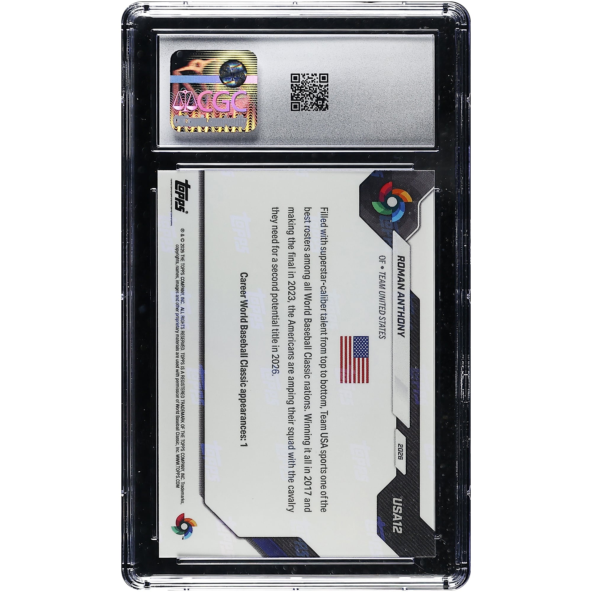 Roman Anthony USA Baseball 2026 Topps Now World Baseball Classic Team USA WBC Logo #USA12 CGC Authenticated MINT+ 9.5 Card