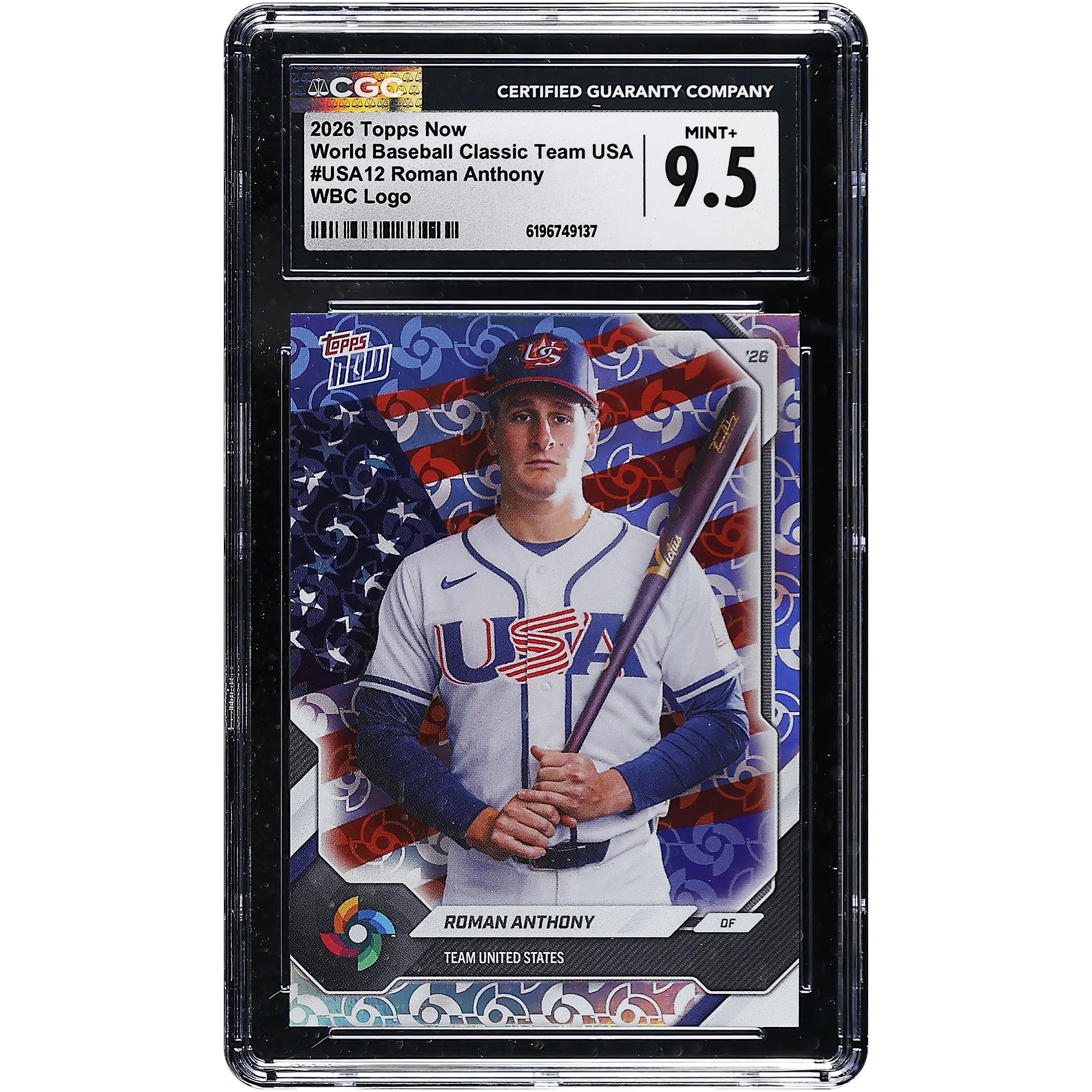 Roman Anthony USA Baseball 2026 Topps Now World Baseball Classic Team USA WBC Logo #USA12 CGC Authenticated MINT+ 9.5 Card