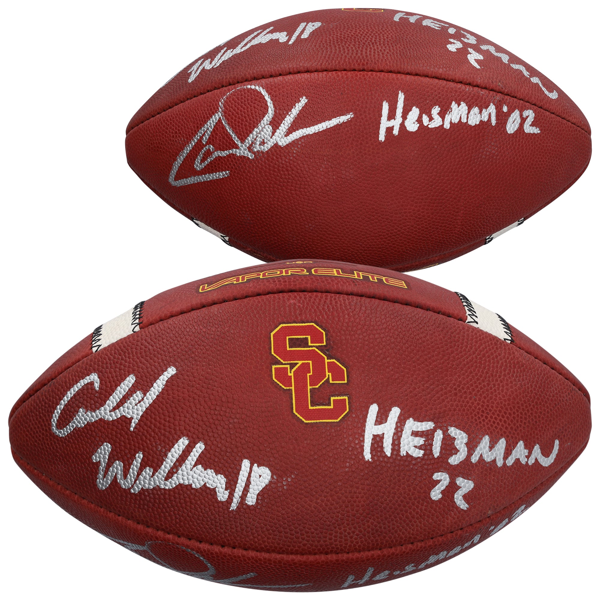 Ballon de football Nike Vapor Elite autographié par Carson Palmer et Caleb Williams des USC Trojans, avec de multiples inscriptions.