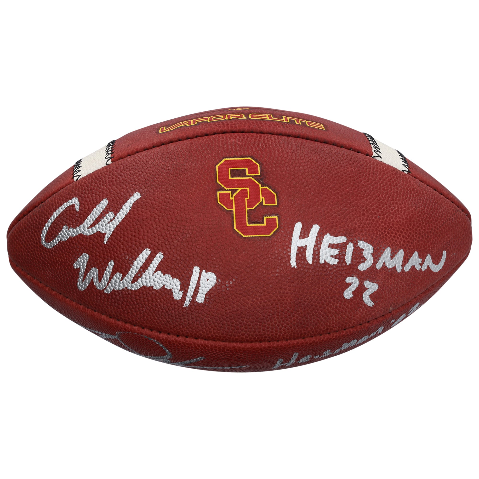 Ballon de football Nike Vapor Elite autographié par Carson Palmer et Caleb Williams des USC Trojans, avec de multiples inscriptions.