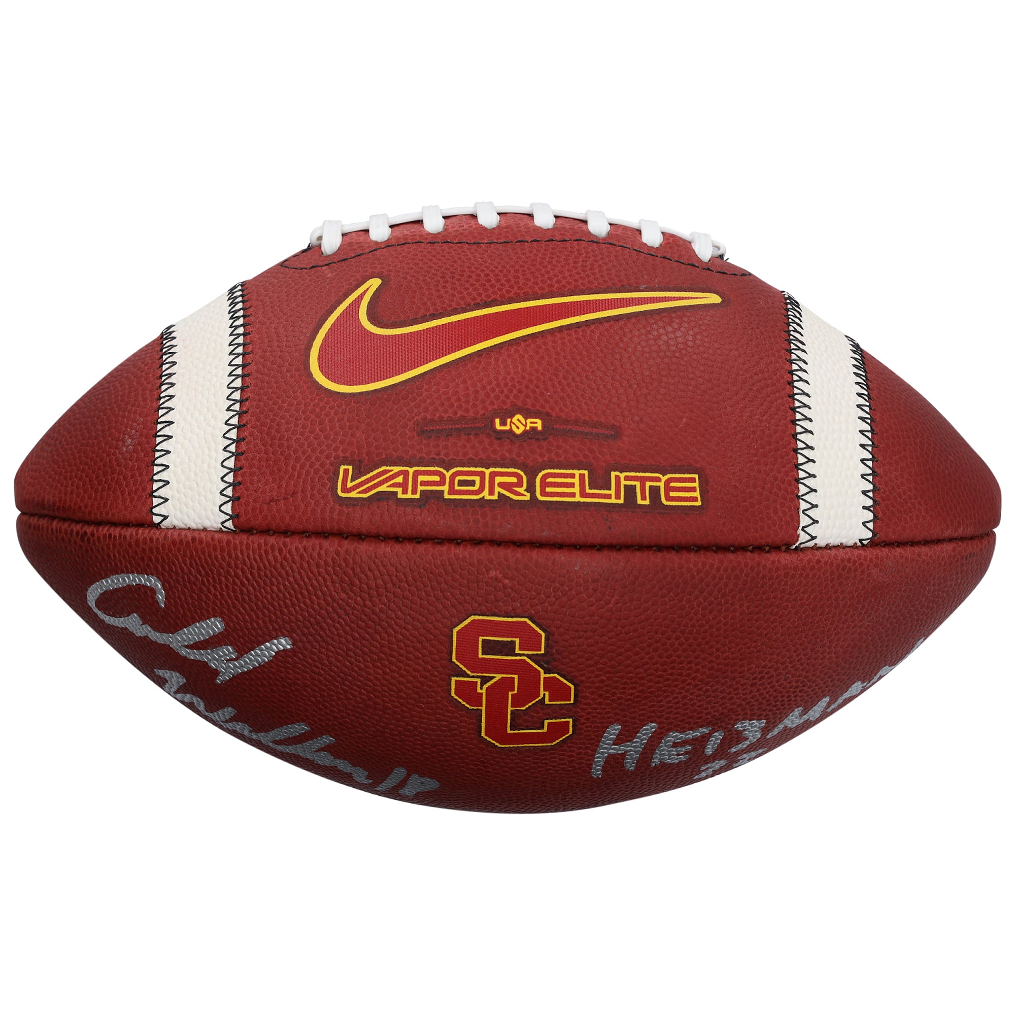 Ballon de football Nike Vapor Elite autographié par Carson Palmer et Caleb Williams des USC Trojans, avec de multiples inscriptions.