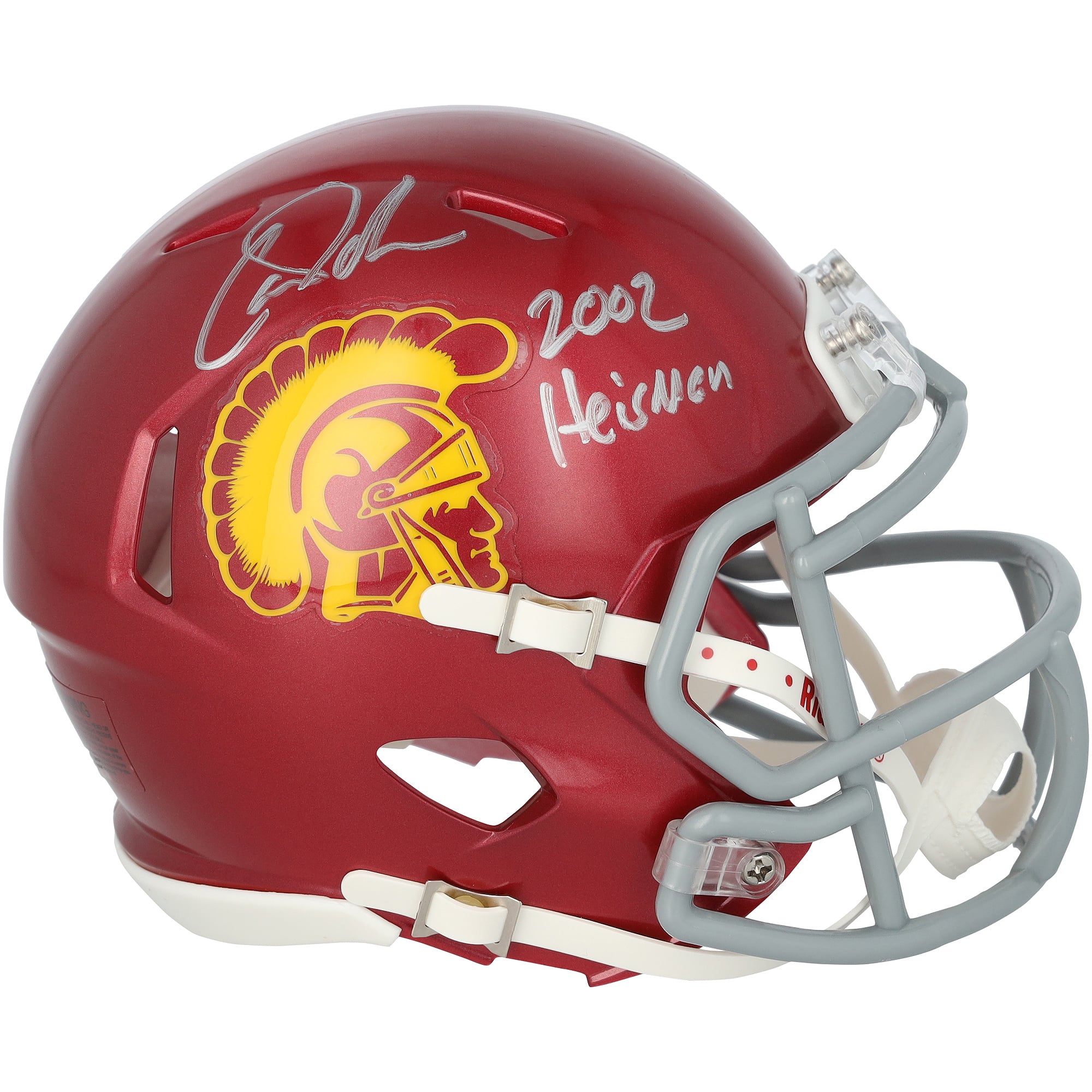Casque miniature Riddell Speed ​​autographié par Carson Palmer (USC Trojans) avec inscription « Heisman 2002 »